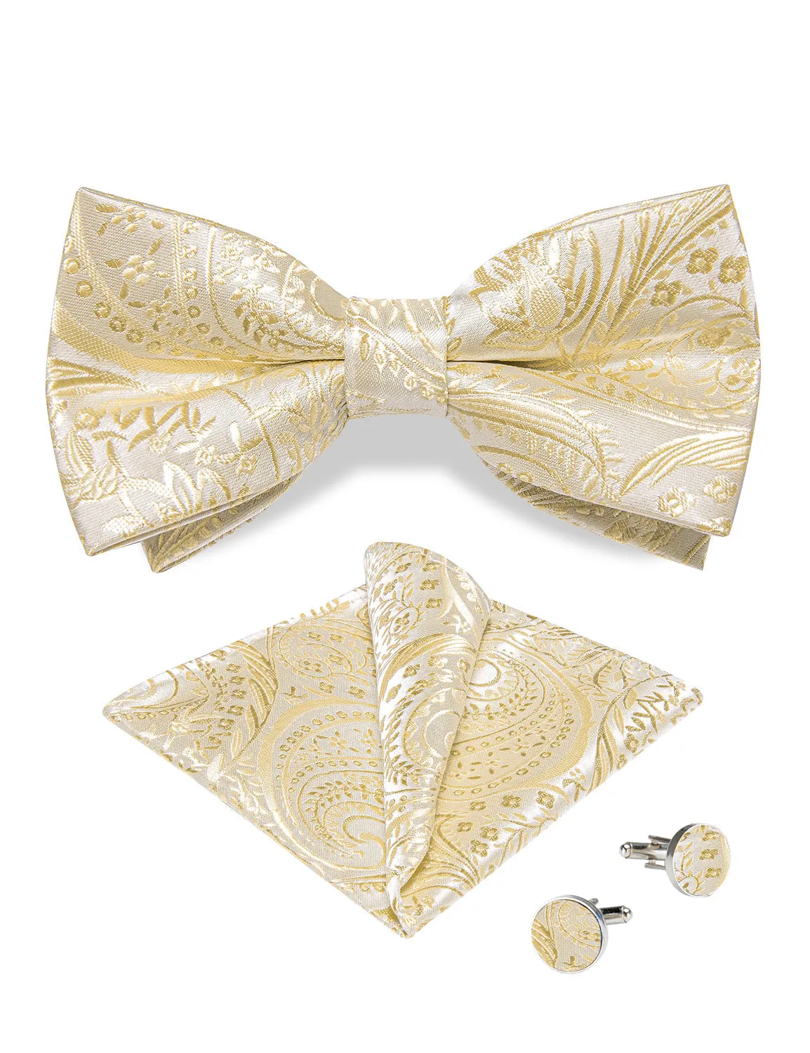 Classic Champagne Paisley Floral Men's Pre-tied Bowtie Pocket Square Cufflinks Set sold by Ties2You product image thumbnail 4