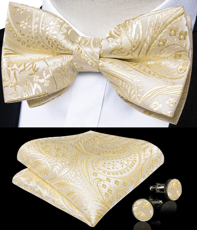 Classic Champagne Paisley Floral Men's Pre-tied Bowtie Pocket Square Cufflinks Set sold by Ties2You
