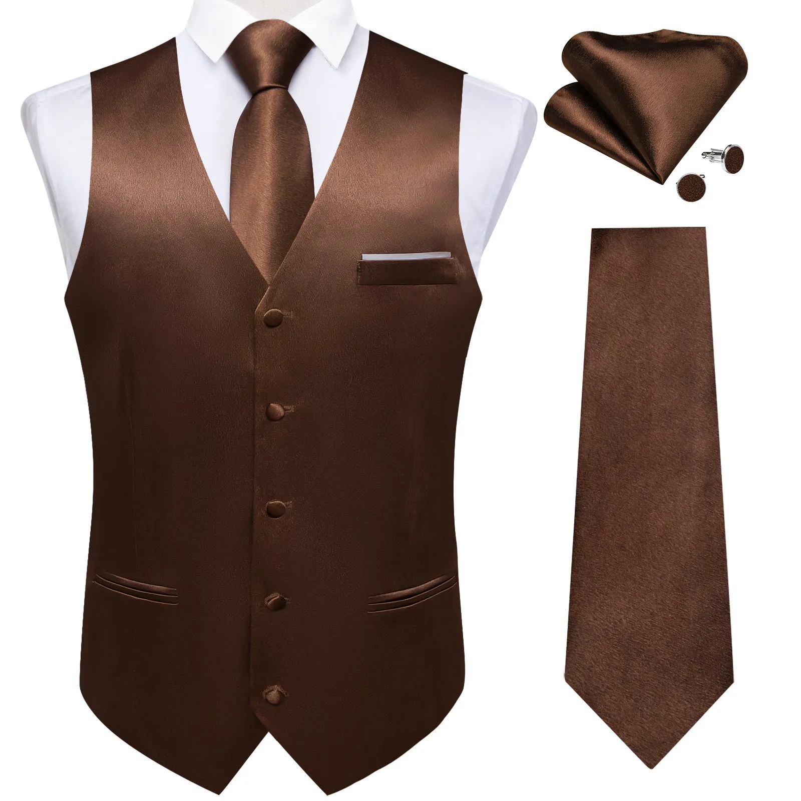 Ties2you Mens Brown Suit Vest Solid V-neck Vest Necktie Necktie Pocket Square Cufflinks Set sold by Ties2You