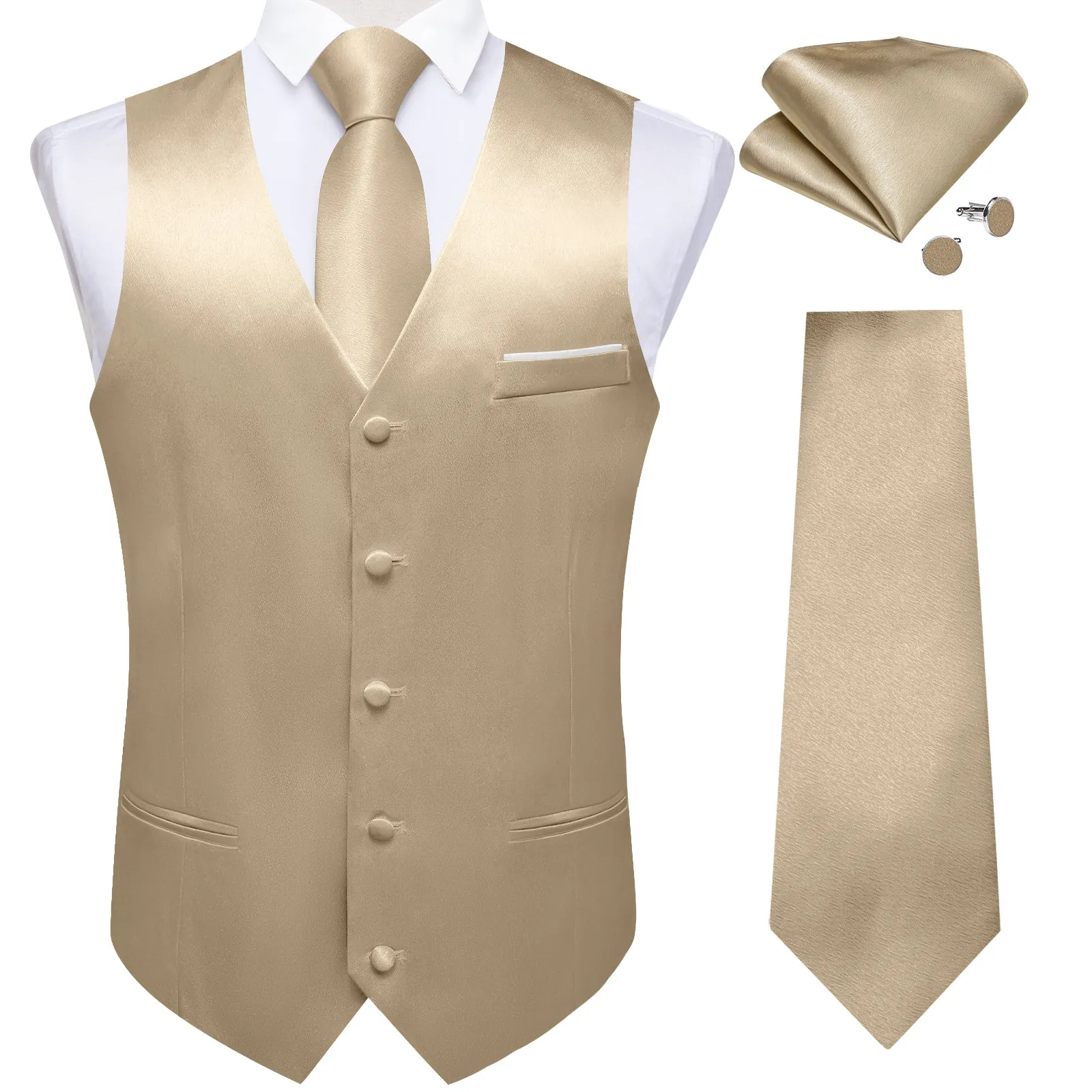 Ties2you Champagne Suit Waistcoat Solid Formal Wedding Dress Vest Tie Hanky Cufflinks Set sold by Ties2You