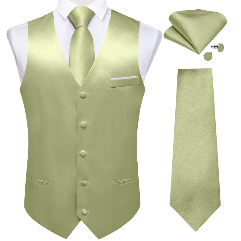 Avocado Green Solid Shining Silk Men Vest Necktie Bow Tie Handkerchief Cufflinks Set sold by Ties2You