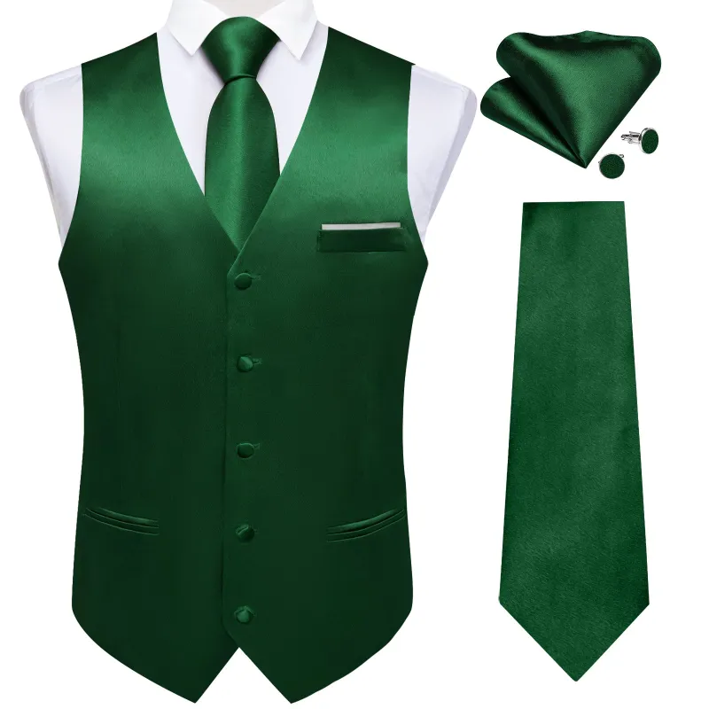 Dark Green Solid Shining Silk Men Vest Necktie Bow Tie Handkerchief Cufflinks Set made by Ties2You