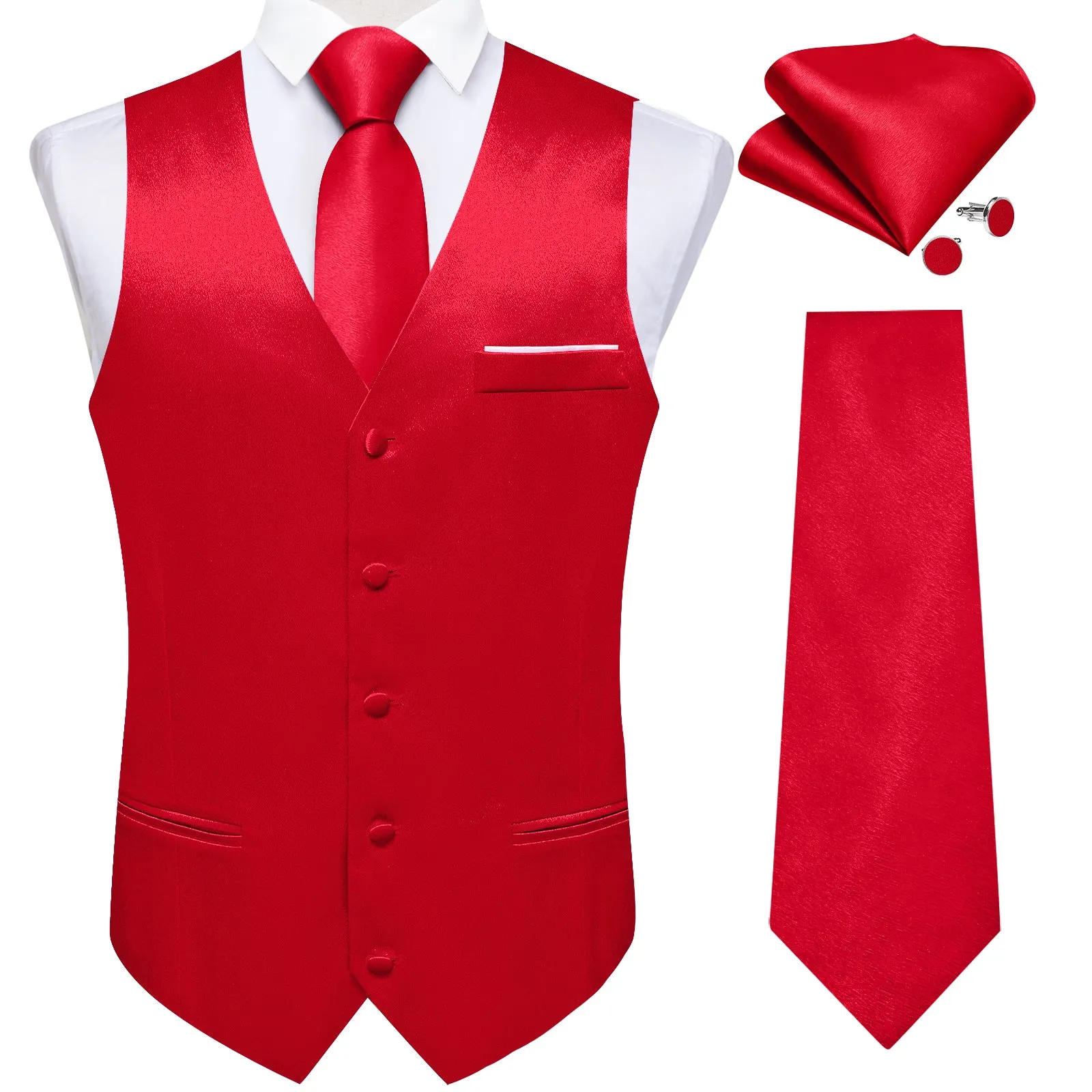 Classic Red Solid Shining Silk Men Vest Necktie Bow Tie Handkerchief Cufflinks Set sold by Ties2You
