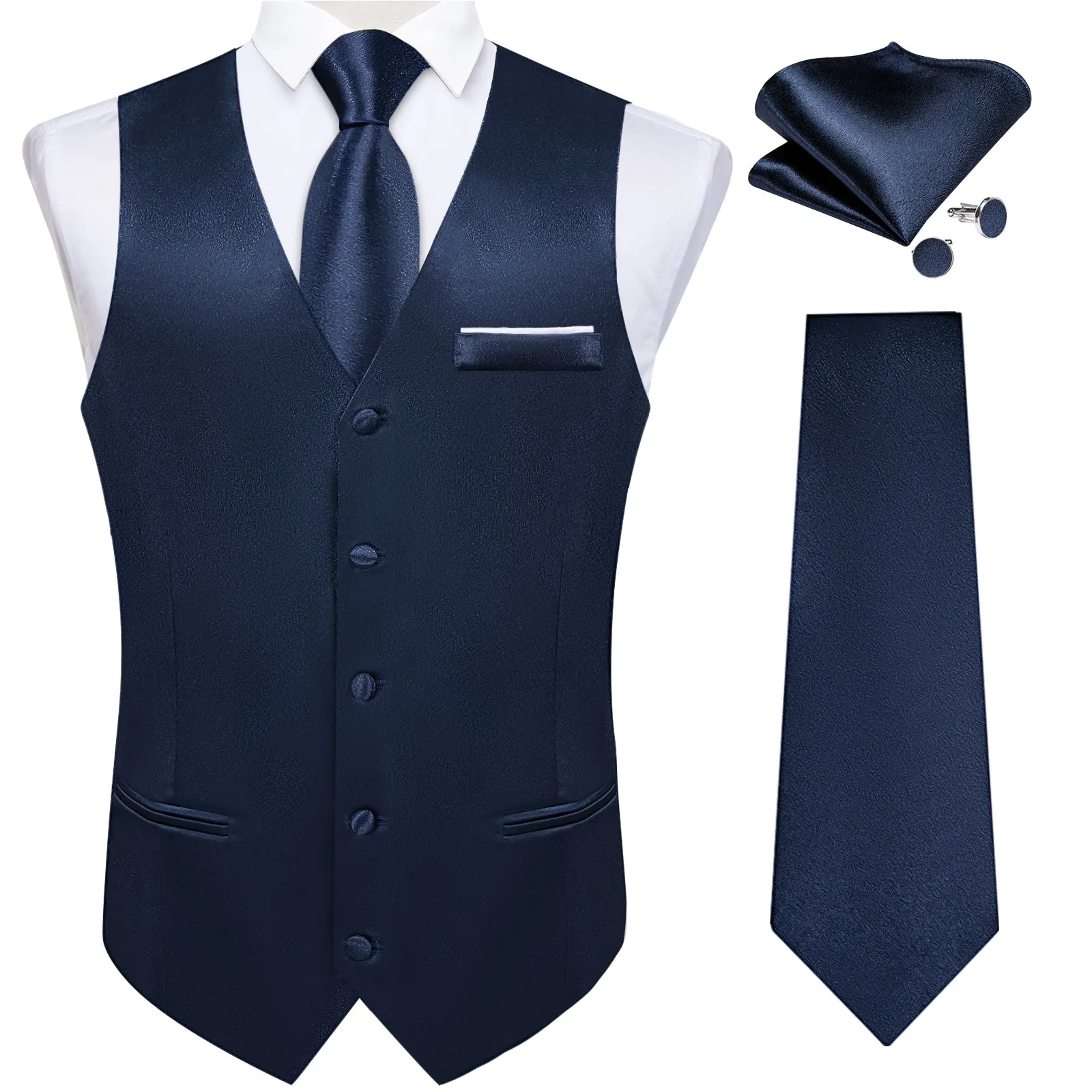 Ties2you Mens Navy Blue Suit Vest Solid V-neck Vest Necktie Necktie Pocket Square Cufflinks Set sold by Ties2You