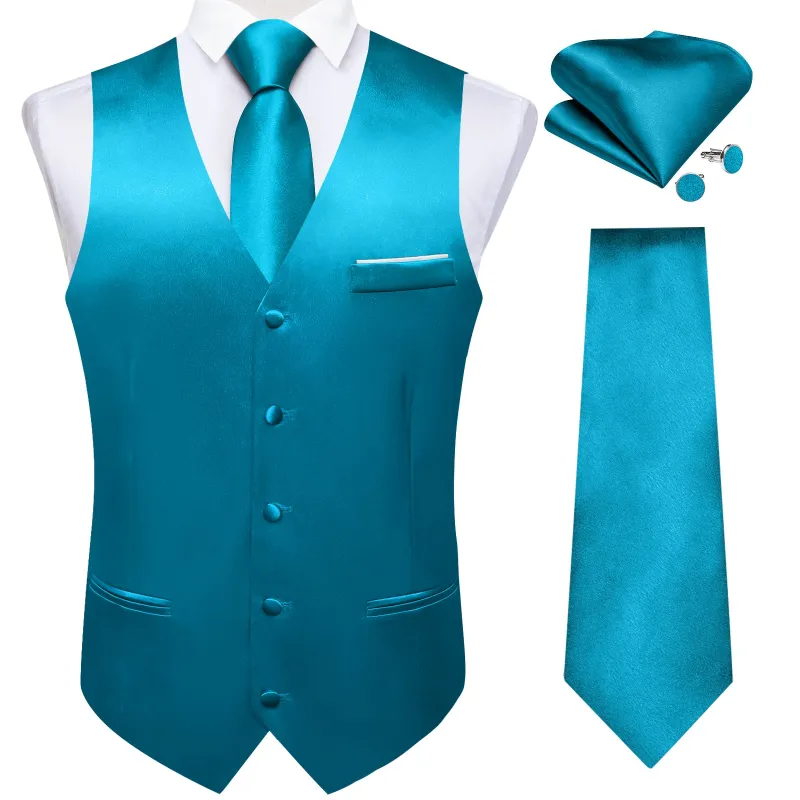 Classic Blue Solid Shining Silk Men Vest Necktie Bow Tie Handkerchief Cufflinks Set made by Ties2You