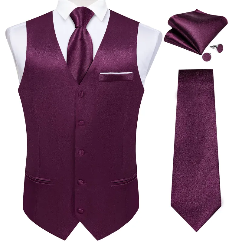 Deep Purple Solid Shining Silk Men Vest Necktie Bow Tie Handkerchief Cufflinks Set sold by Ties2You
