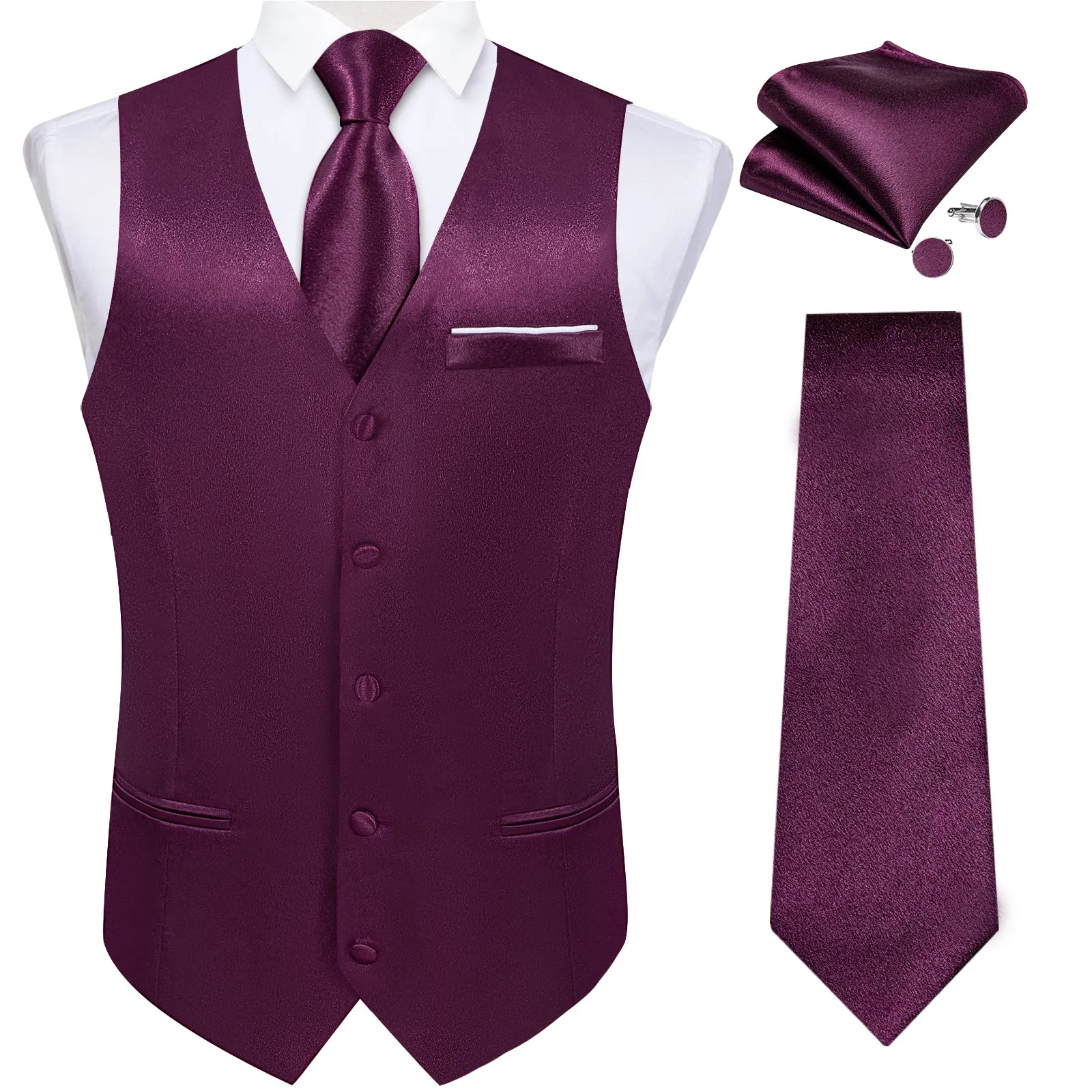 Deep Purple Solid Shining Silk Men Vest Necktie Bow Tie Handkerchief Cufflinks Set sold by Ties2You