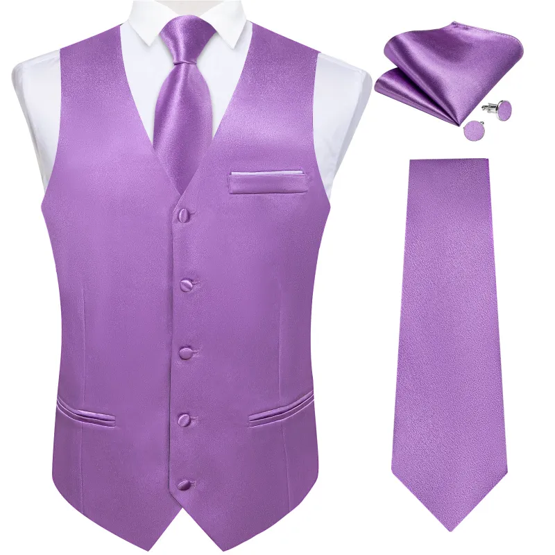 Ties2you Men's Vest Formal Light Purple Solid Shining Silk Men Vest Necktie Bow Tie Handkerchief Cufflinks Set sold by Ties2You