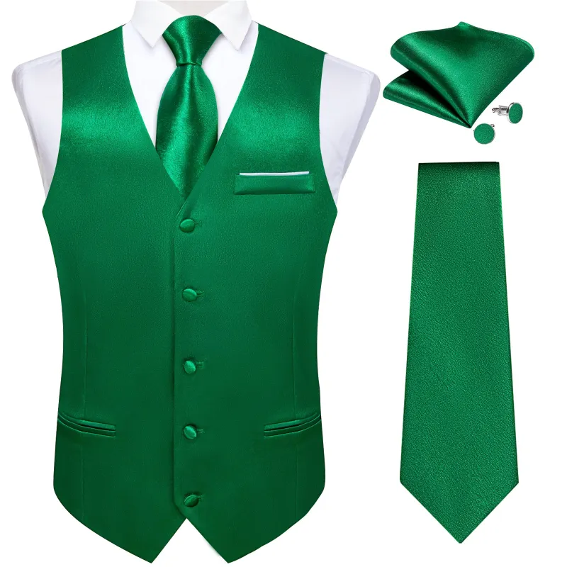 Green Solid Shining Silk Men Vest Necktie Bow Tie Handkerchief Cufflinks Set made by Ties2You