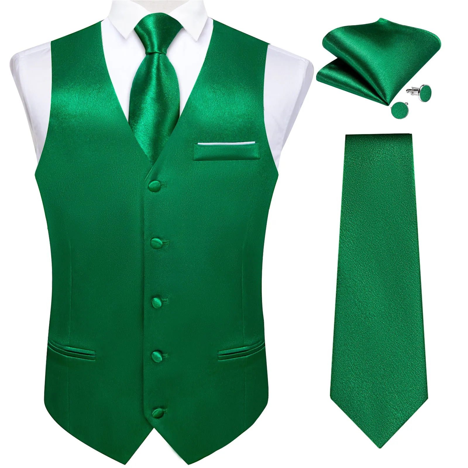 Green Solid Shining Silk Men Vest Necktie Bow Tie Handkerchief Cufflinks Set sold by Ties2You