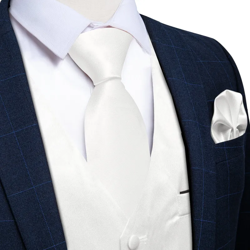 White Solid Shining Silk Men Vest Necktie Bow Tie Handkerchief Cufflinks Set made by Ties2You