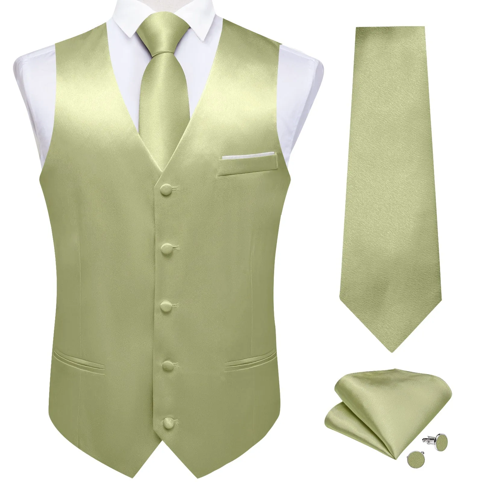 Avocado Green Solid Shining Silk Formal Men's Vest Hanky Cufflinks Tie Set sold by Ties2You product image thumbnail 2