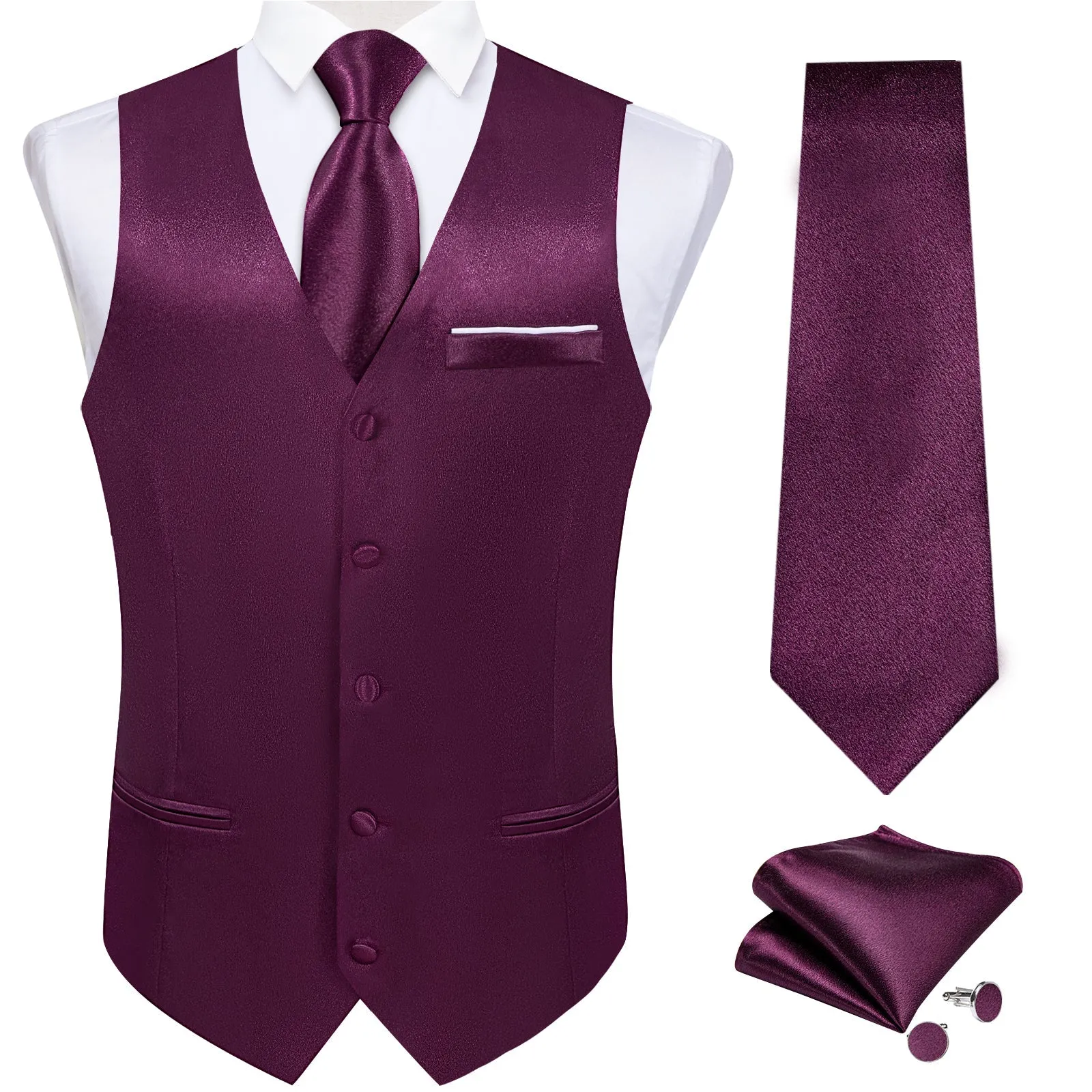 Deep Purple Solid Shining Silk Formal Men's Vest Hanky Cufflinks Tie Set sold by Ties2You product image thumbnail 2