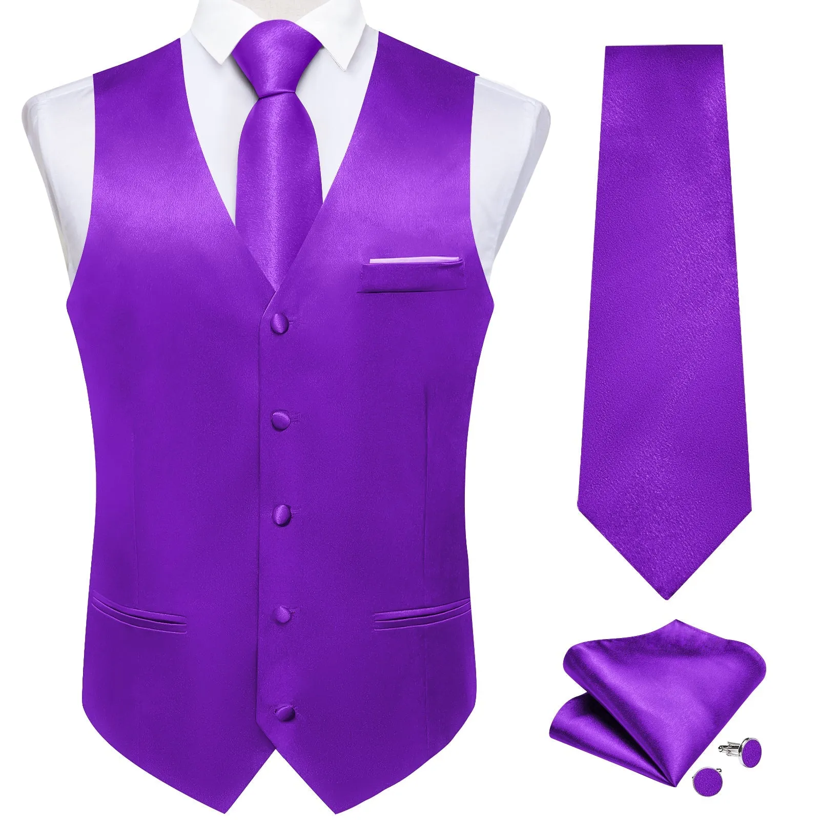 Purple Solid Shining Silk Formal Men's Vest Hanky Cufflinks Tie Set sold by Ties2You product image thumbnail 2
