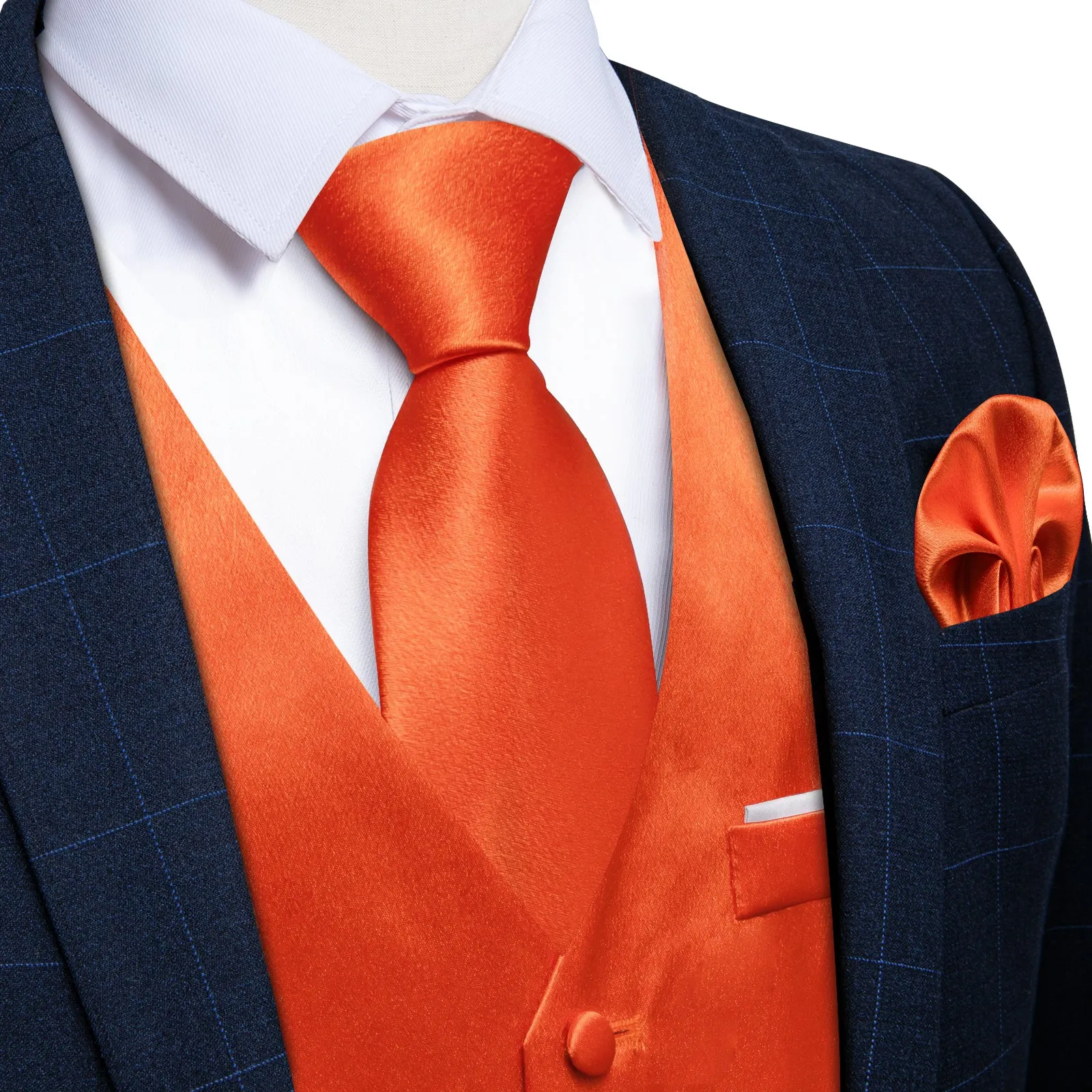 Vibrant Orange Solid Shining Silk Formal Men's Vest Hanky Cufflinks Tie Set sold by Ties2You