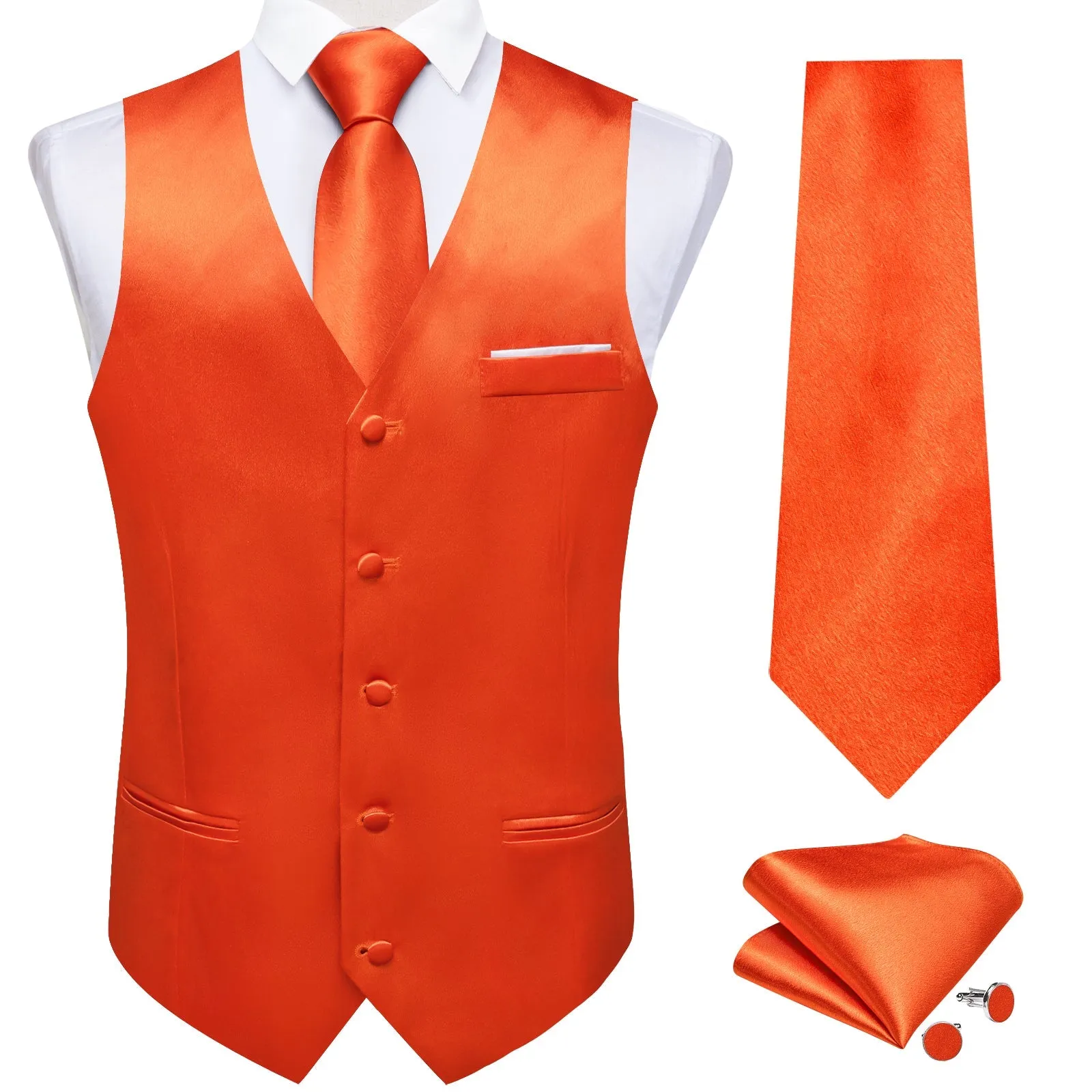 Vibrant Orange Solid Shining Silk Formal Men's Vest Hanky Cufflinks Tie Set sold by Ties2You product image thumbnail 2