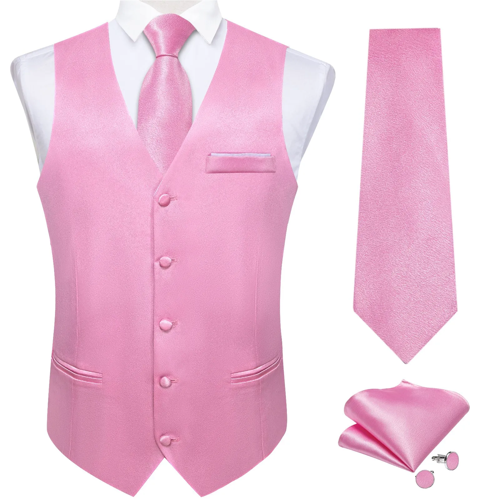 Light Pink Solid Shining Silk Formal Men's Vest Hanky Cufflinks Tie Set sold by Ties2You product image thumbnail 2