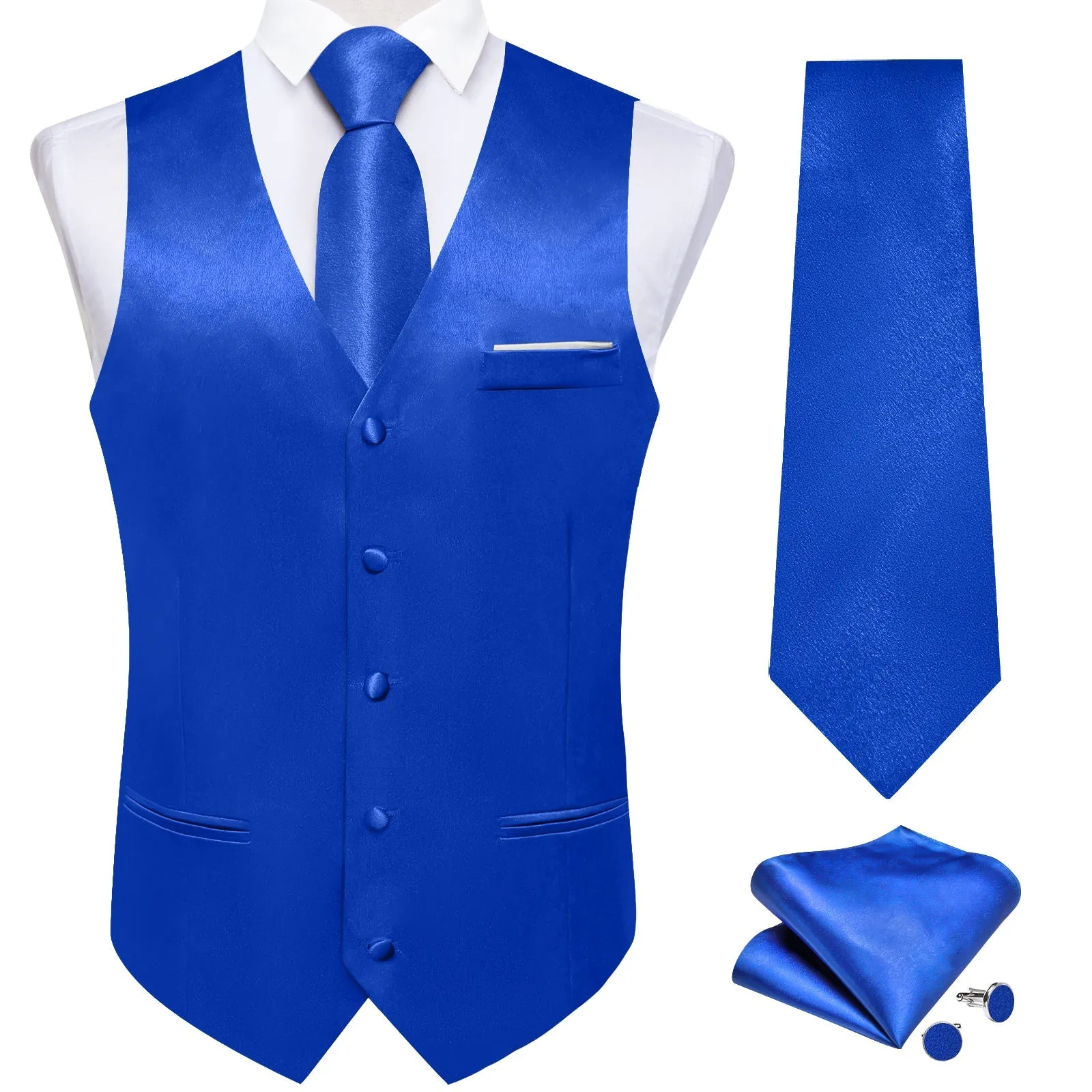 Royal Blue Solid Shining Silk Formal Men's Vest Hanky Cufflinks Tie Set sold by Ties2You product image thumbnail 2