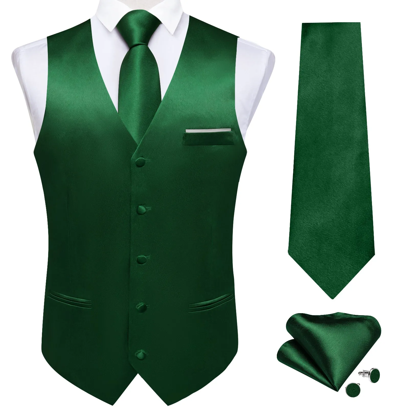 Dark Green Solid Shining Silk Formal Men's Vest Hanky Cufflinks Tie Set sold by Ties2You product image thumbnail 2