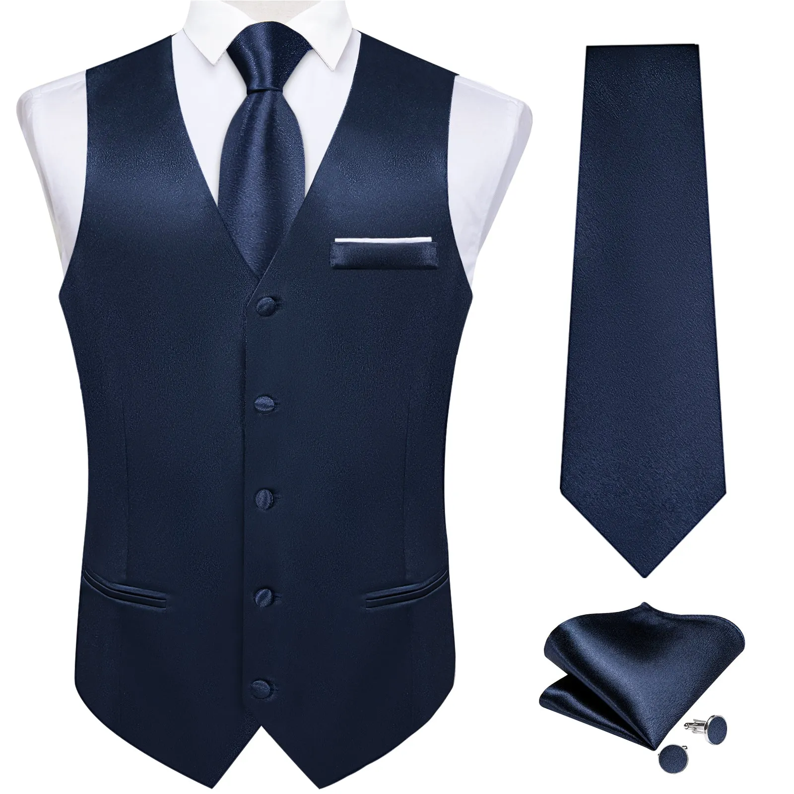 Navy Blue Solid Shining Silk Formal Men's Vest Hanky Cufflinks Tie Set sold by Ties2You product image thumbnail 2