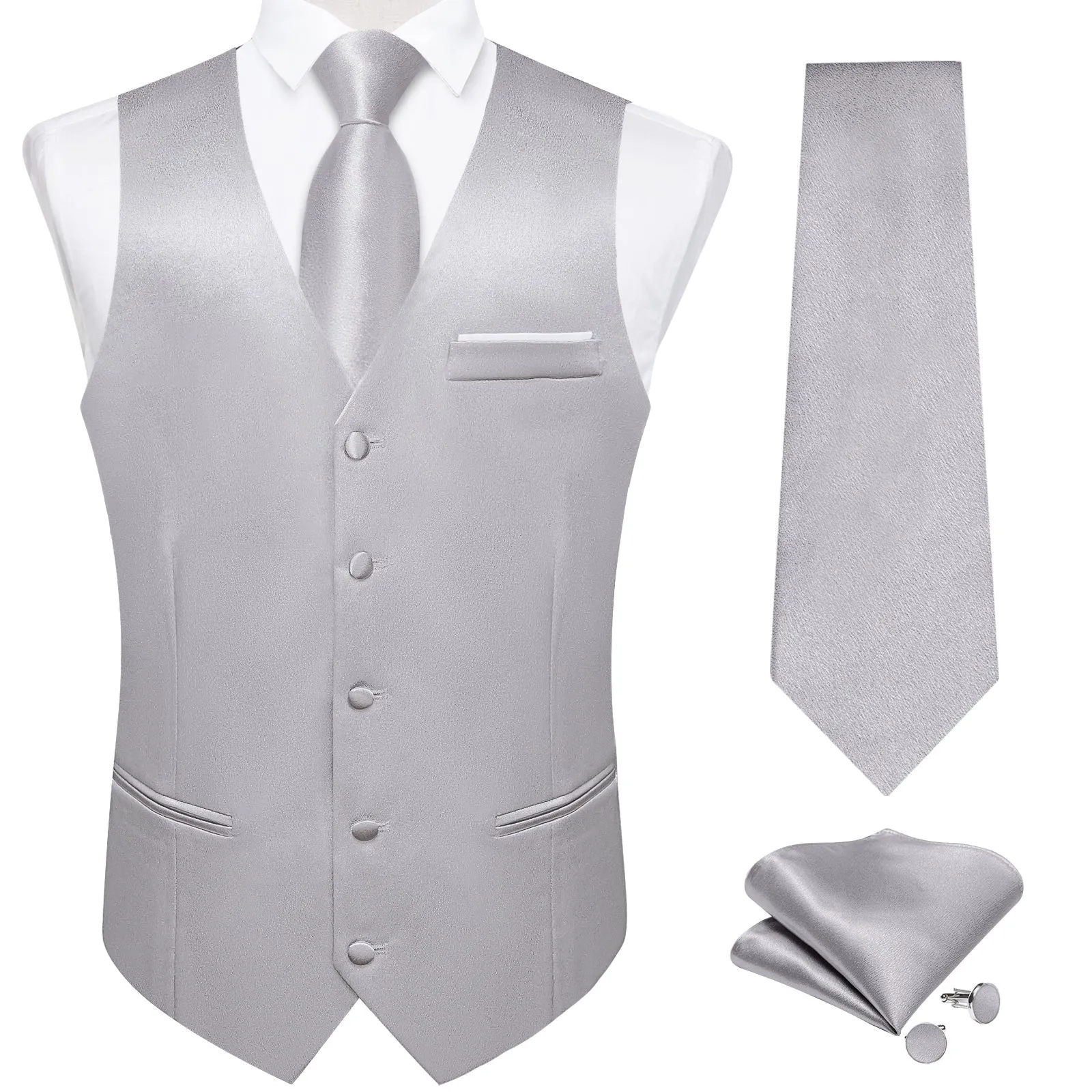 Ties2you Silver Suit Waistcoat Solid Formal Prom Dress Vest Tie Hanky Cufflinks Set sold by Ties2You product image thumbnail 2