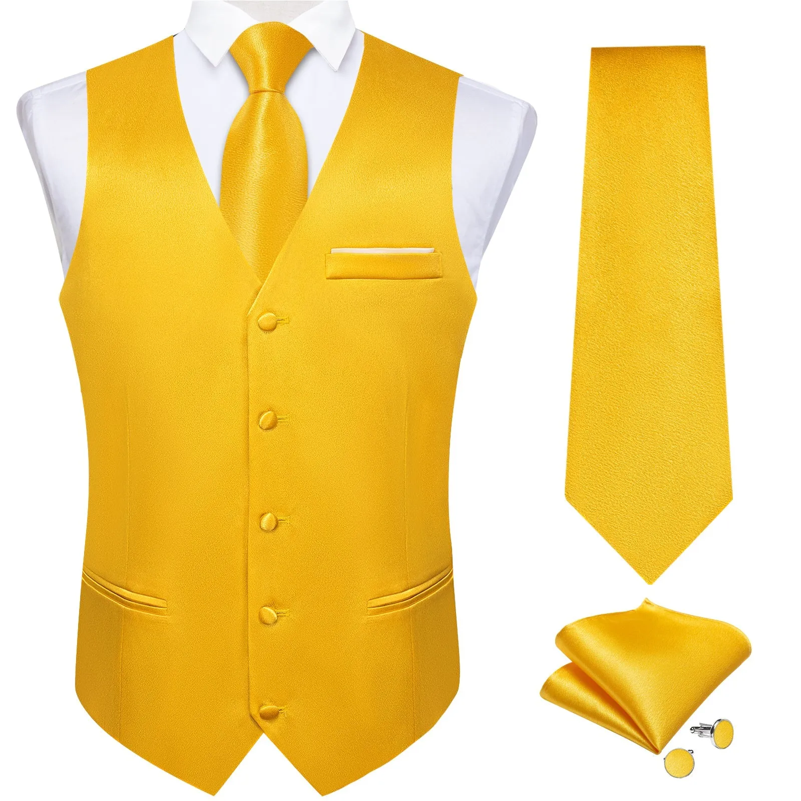 Brilliant Yellow Solid Shining Silk Formal Men's Vest Hanky Cufflinks Tie Set sold by Ties2You product image thumbnail 2