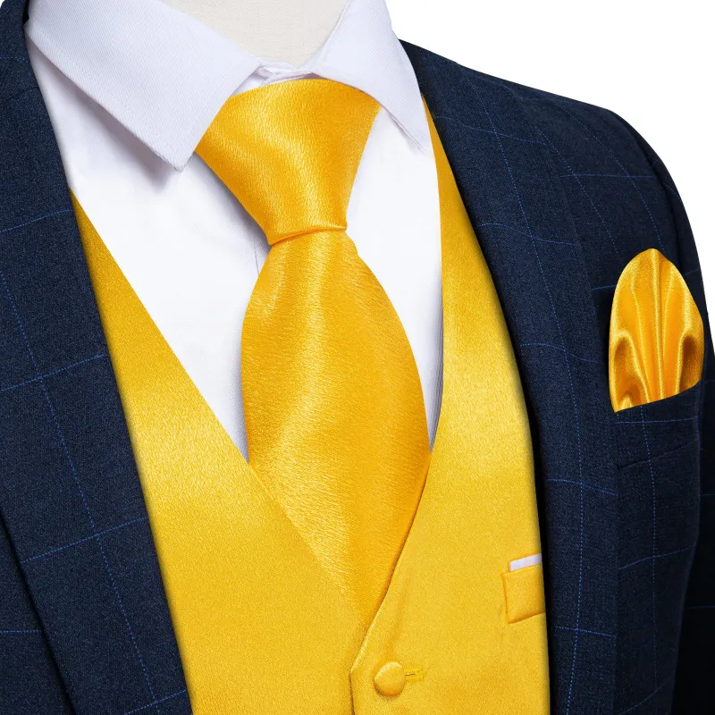 Brilliant Yellow Solid Shining Silk Formal Men's Vest Hanky Cufflinks Tie Set sold by Ties2You