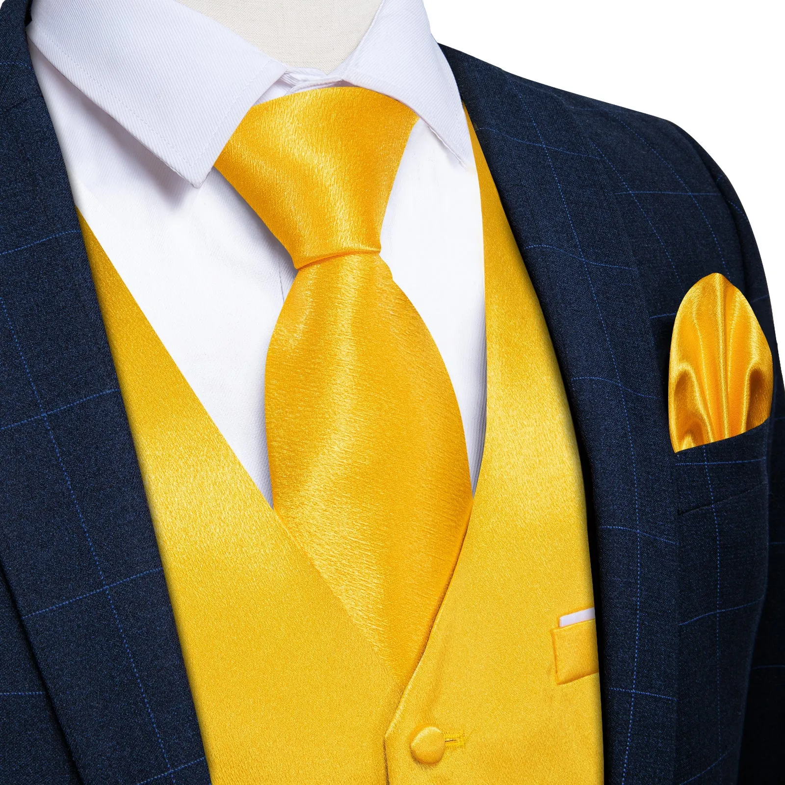 Brilliant Yellow Solid Shining Silk Formal Men's Vest Hanky Cufflinks Tie Set sold by Ties2You