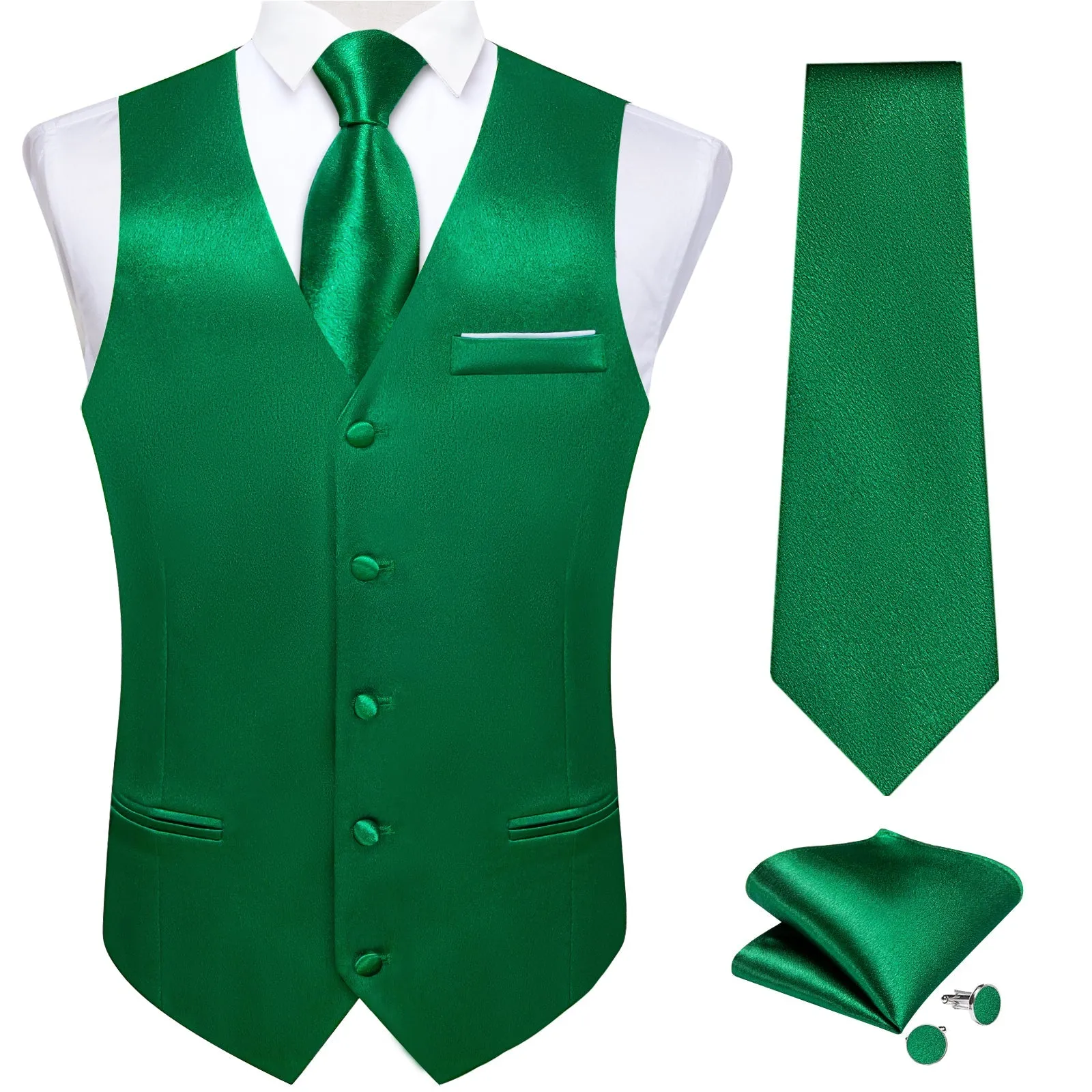 Green Solid Shining Silk Formal Men's Vest Hanky Cufflinks Tie Set sold by Ties2You product image thumbnail 2