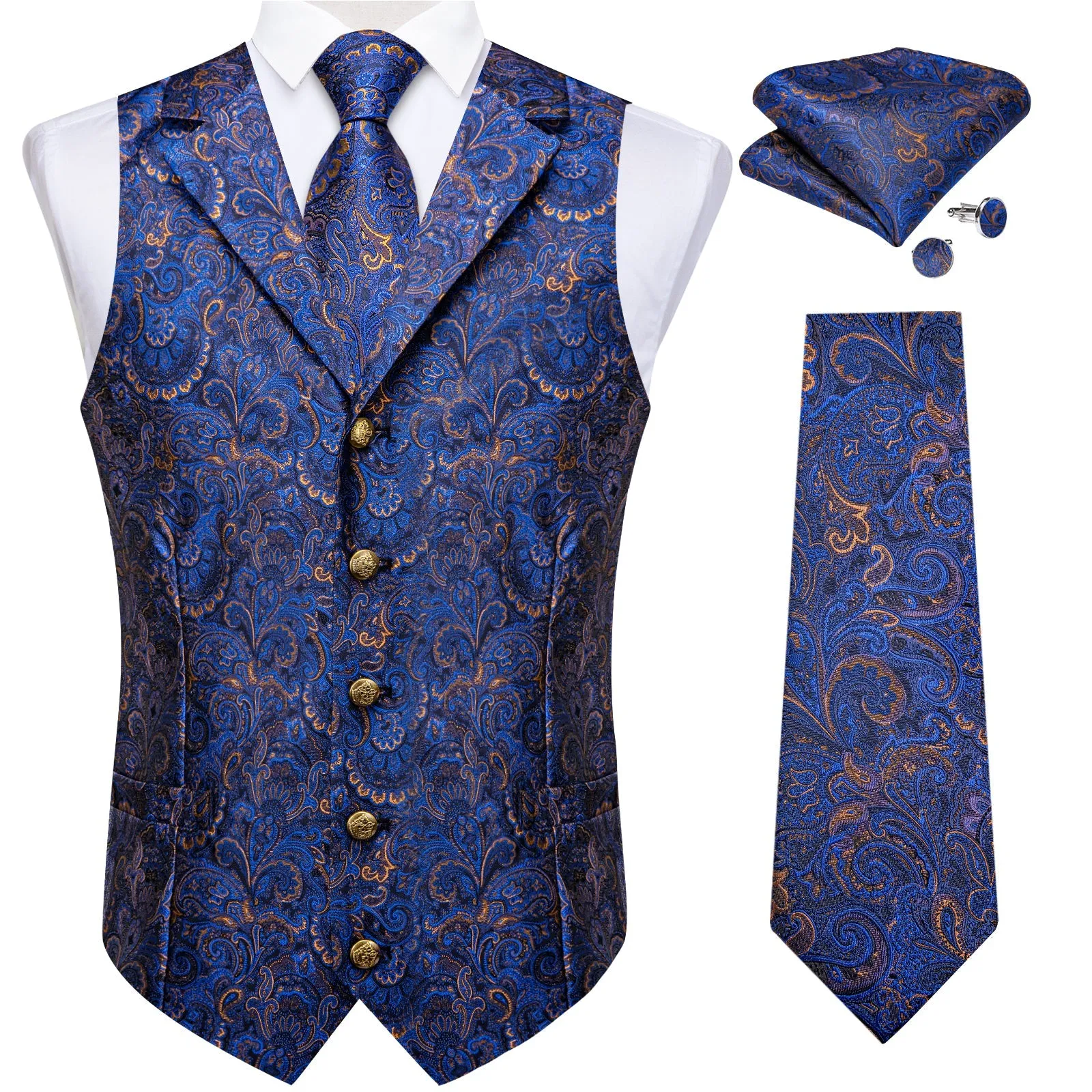 Dark Blue Yellow Luxury Paisley Jacquard Men's Collar Vest Tie Hanky Cufflinks Suit Set sold by Ties2You product image thumbnail 2