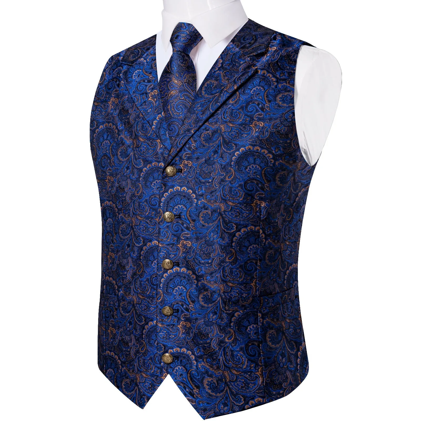 Dark Blue Yellow Luxury Paisley Jacquard Men's Collar Vest Tie Hanky Cufflinks Suit Set sold by Ties2You product image thumbnail 3