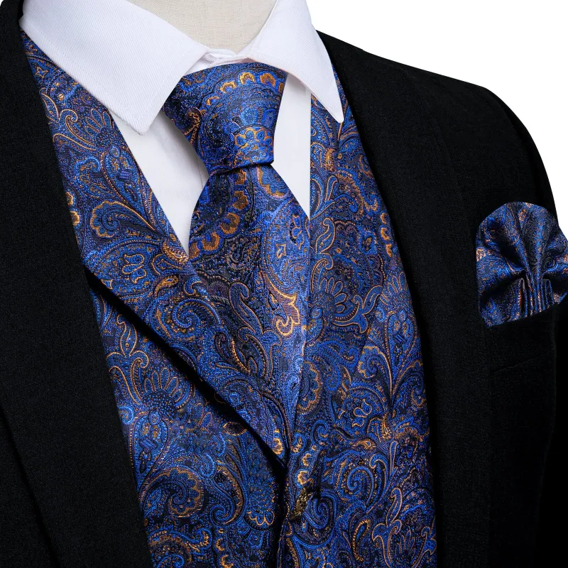 Dark Blue Yellow Luxury Paisley Jacquard Men's Collar Vest Tie Hanky Cufflinks Suit Set sold by Ties2You