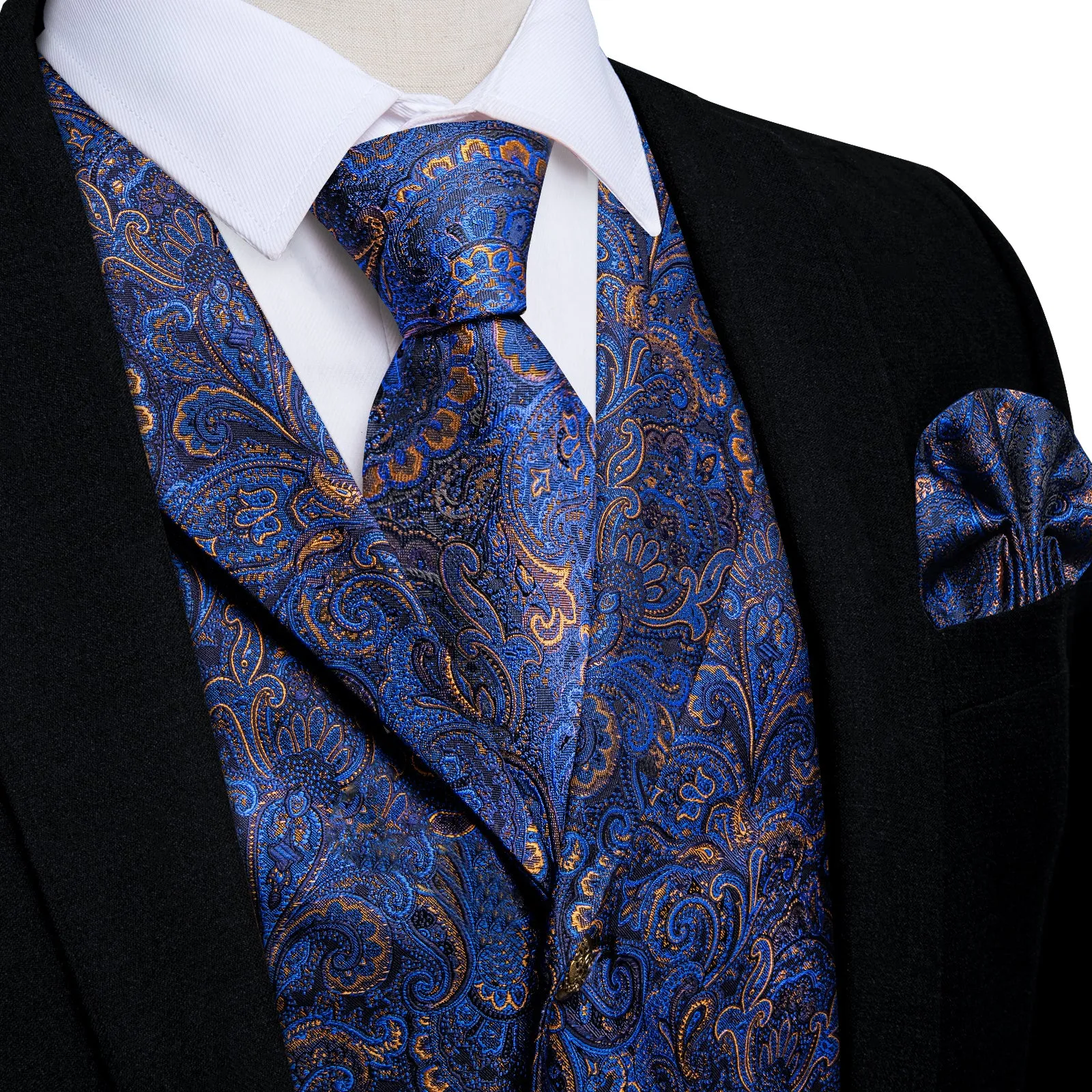 Dark Blue Yellow Luxury Paisley Jacquard Men's Collar Vest Tie Hanky Cufflinks Suit Set sold by Ties2You