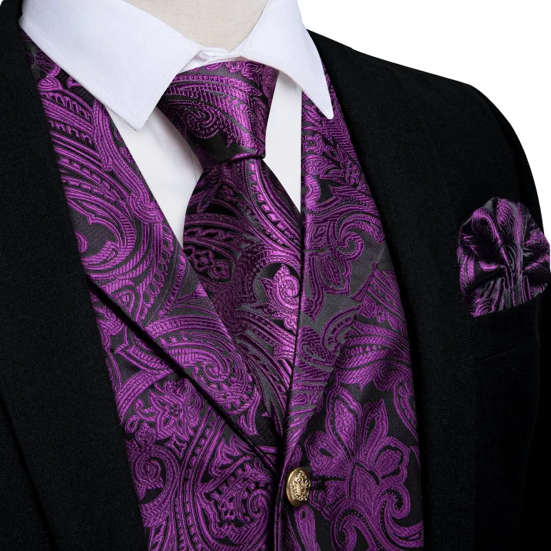 Black Purple Luxury Paisley Jacquard Men's Collar Vest Tie Hanky Cufflinks Suit Set sold by Ties2You