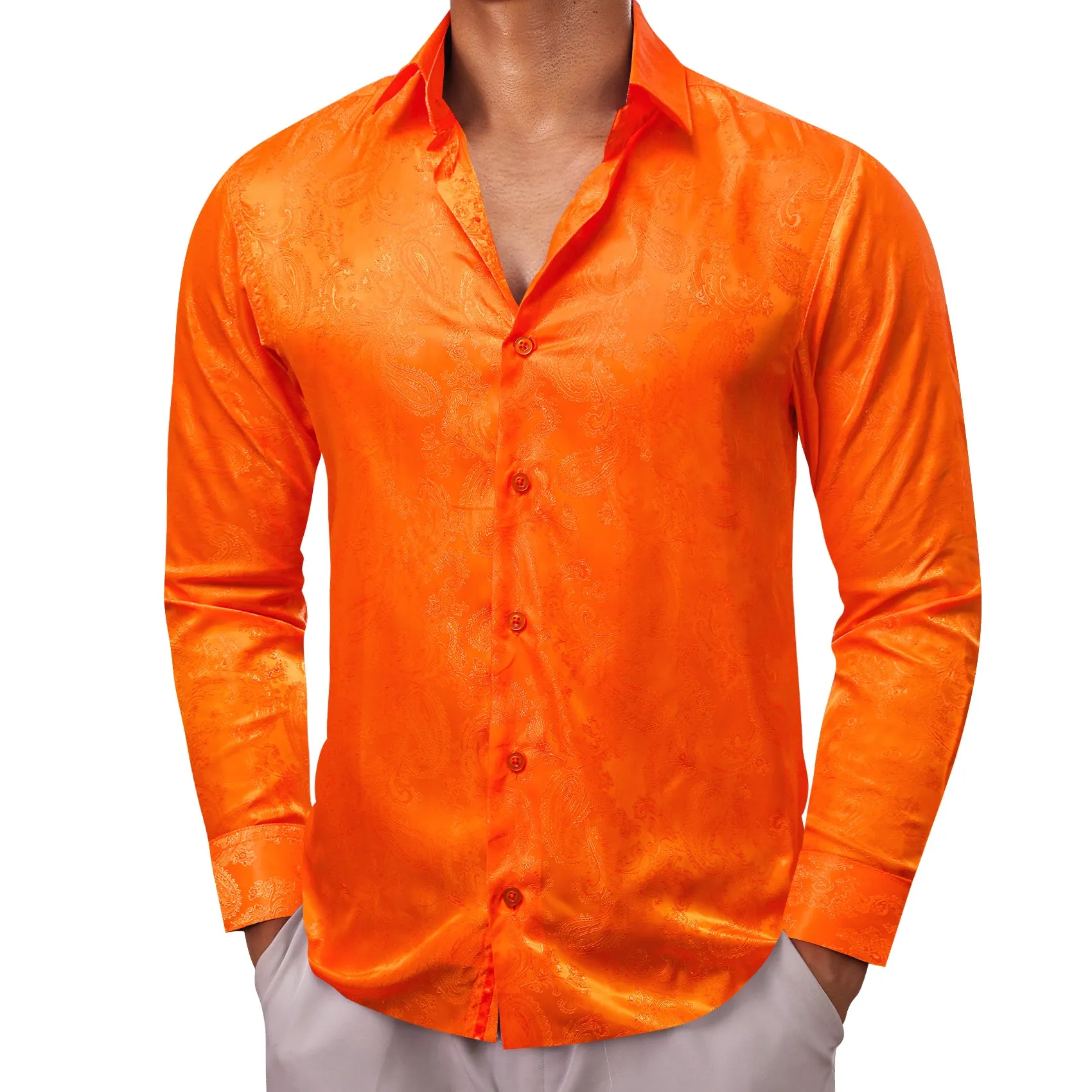 Bright Orange Paisley Style Casual Silk Men's Long Sleeve Button Shirt sold by Ties2You product image thumbnail 3