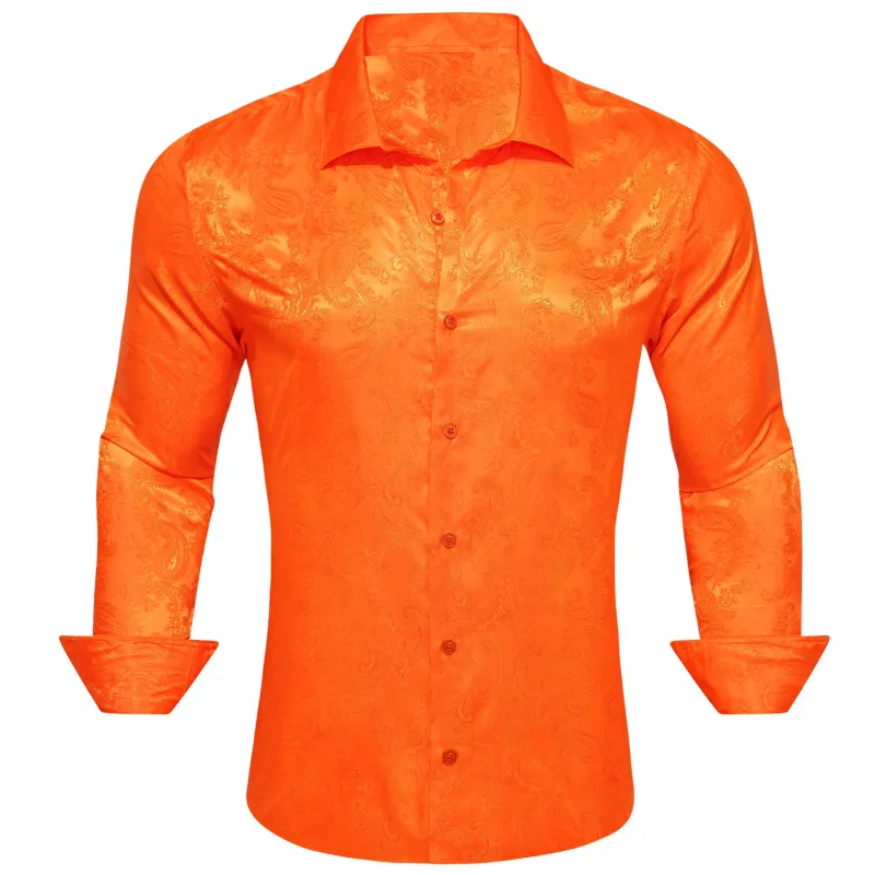 Bright Orange Paisley Style Casual Silk Men's Long Sleeve Button Shirt sold by Ties2You