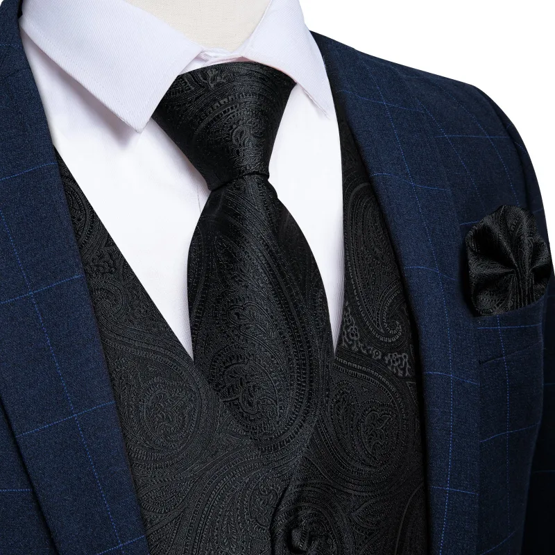Ties2you Men's Vest Dark Black Jacquard Paisley Waistcoat Tie Vest Set sold by Ties2You