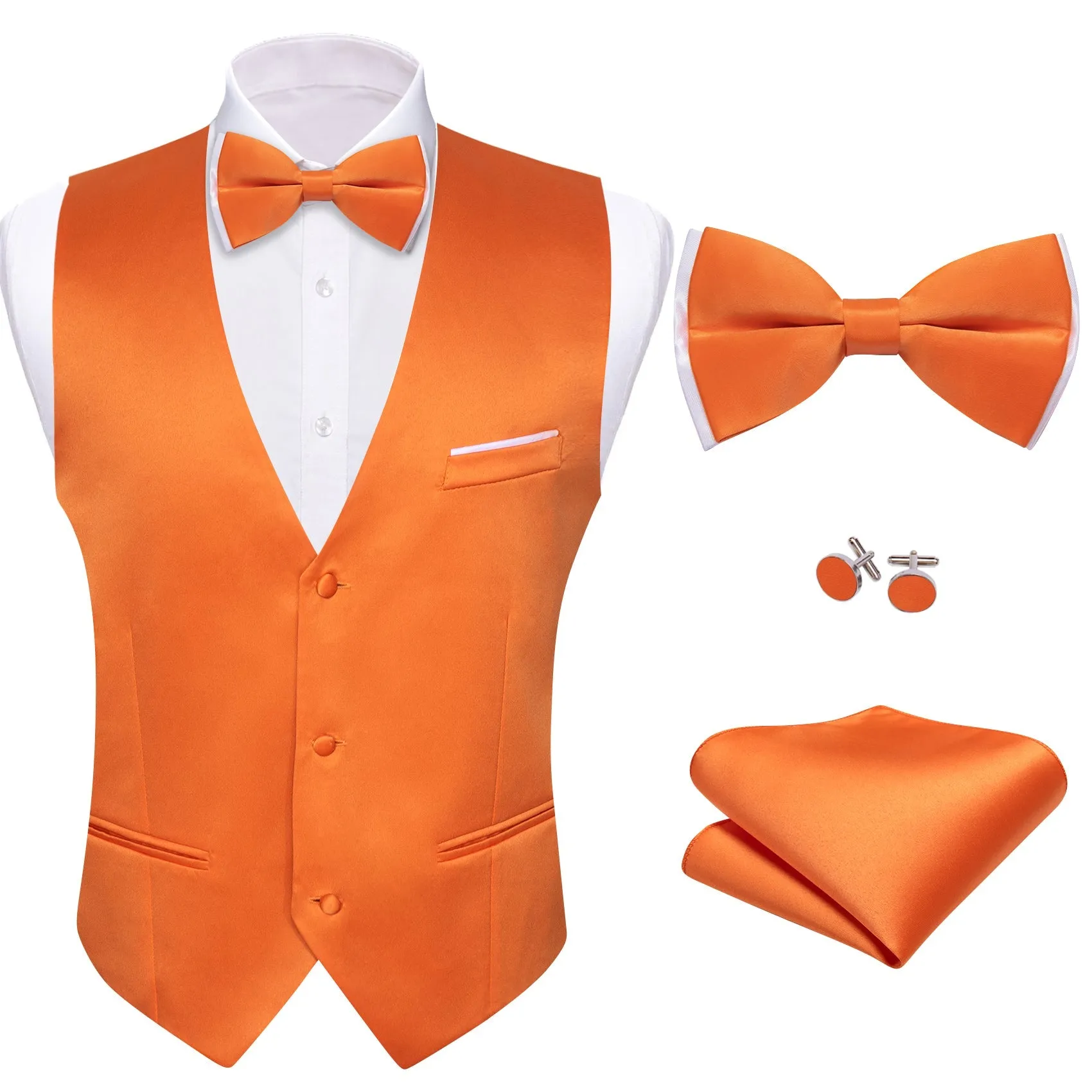 Ties2you Men's Vest Orange Solid Silk Vest Bow Tie Set Waistcoat Suit Set sold by Ties2You product image thumbnail 5