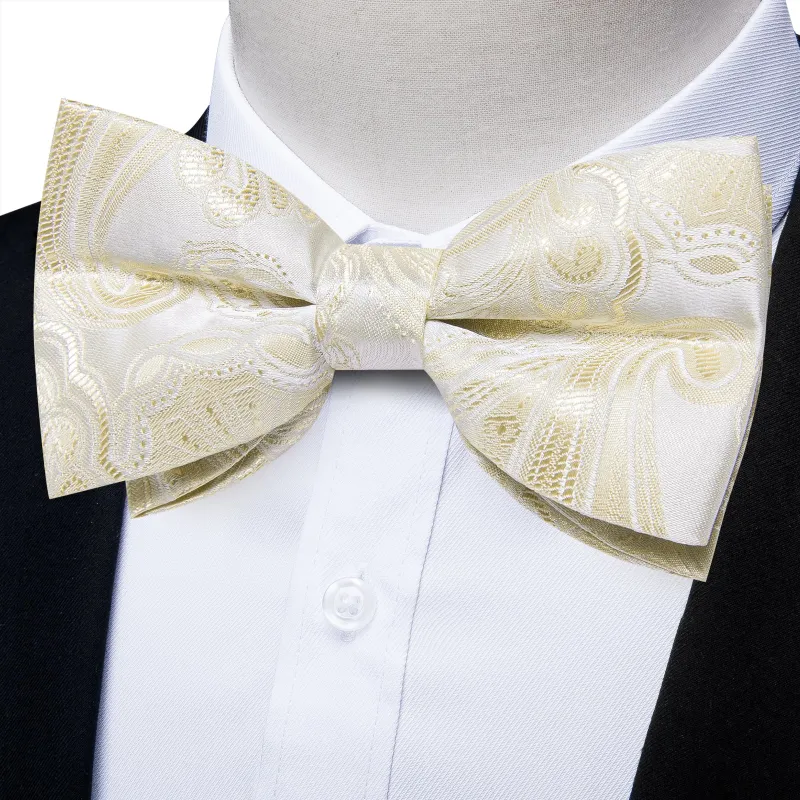 Pearl White Bow Tie for Men Linen White Floral Pre-tied Bow Tie Hanky Cufflinks Set sold by Ties2You