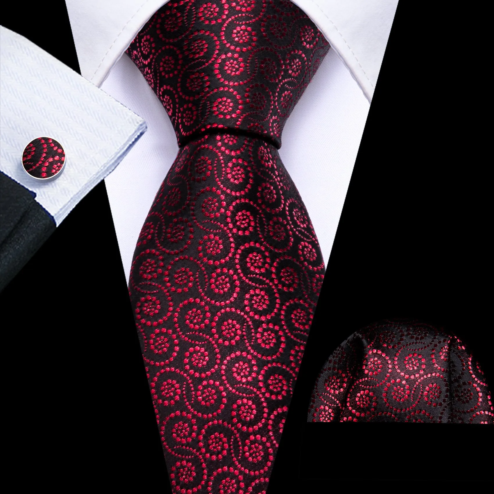 Maroon Red Spiral Dots Geometric Silk Men's Necktie Pocket Square Cufflinks Set sold by Ties2You