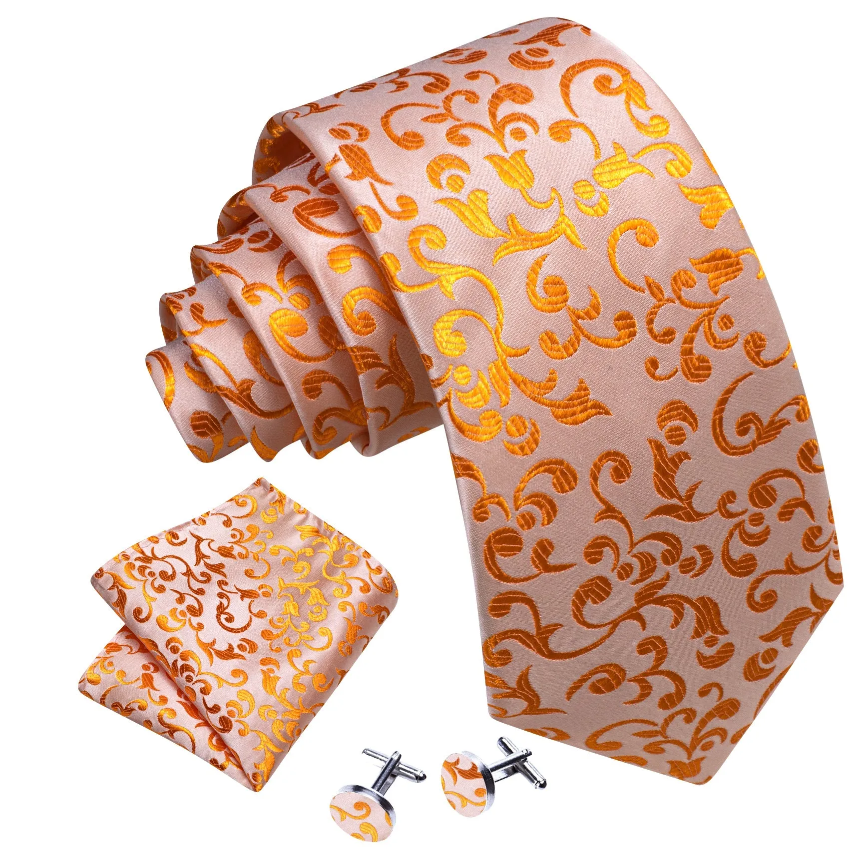 Orange Floral Men's Necktie Pocket Square Cufflinks Set sold by Ties2You product image thumbnail 2