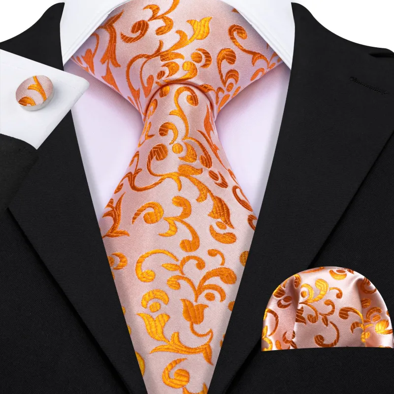 Orange Floral Men's Necktie Pocket Square Cufflinks Set sold by Ties2You