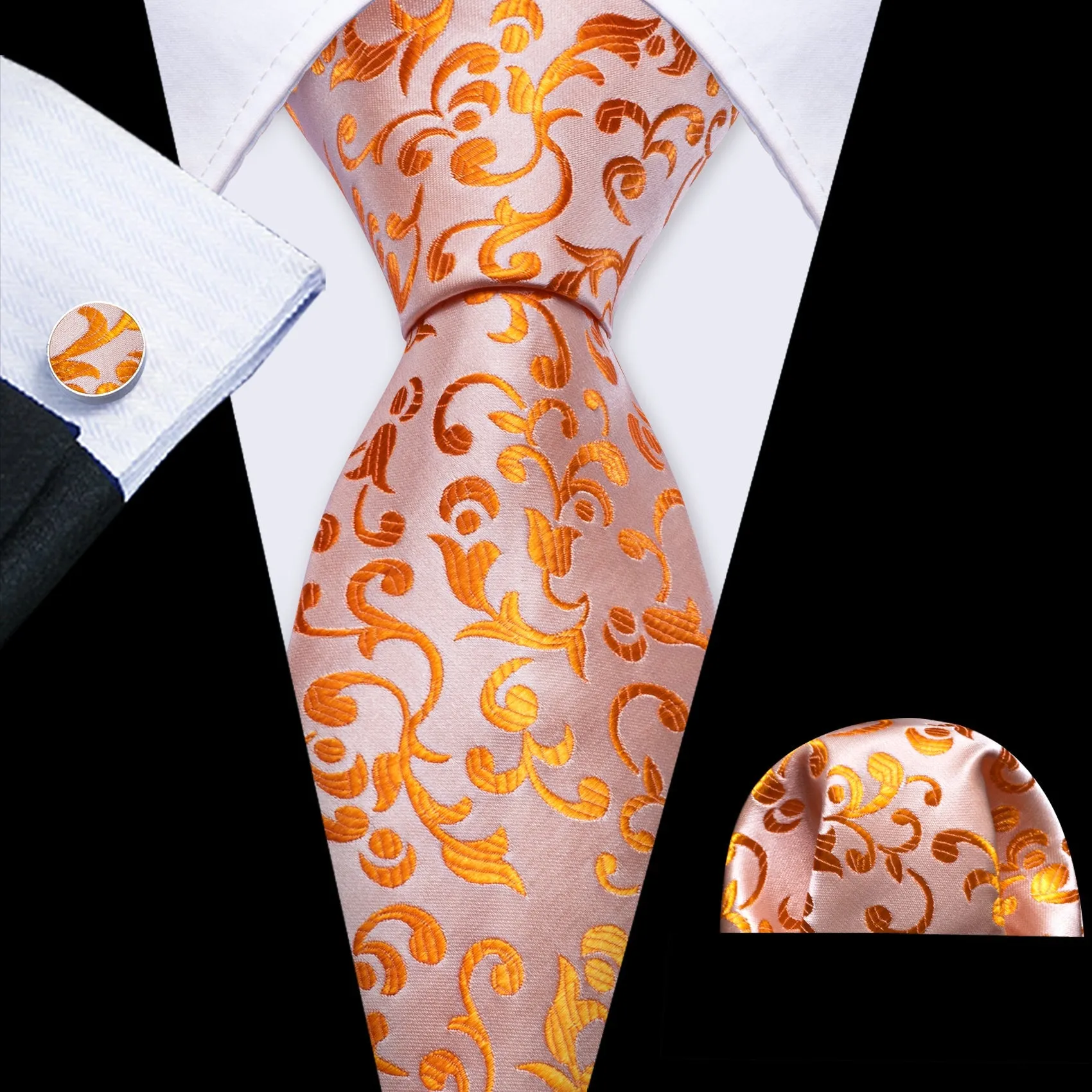 Orange Floral Men's Necktie Pocket Square Cufflinks Set sold by Ties2You product image thumbnail 3