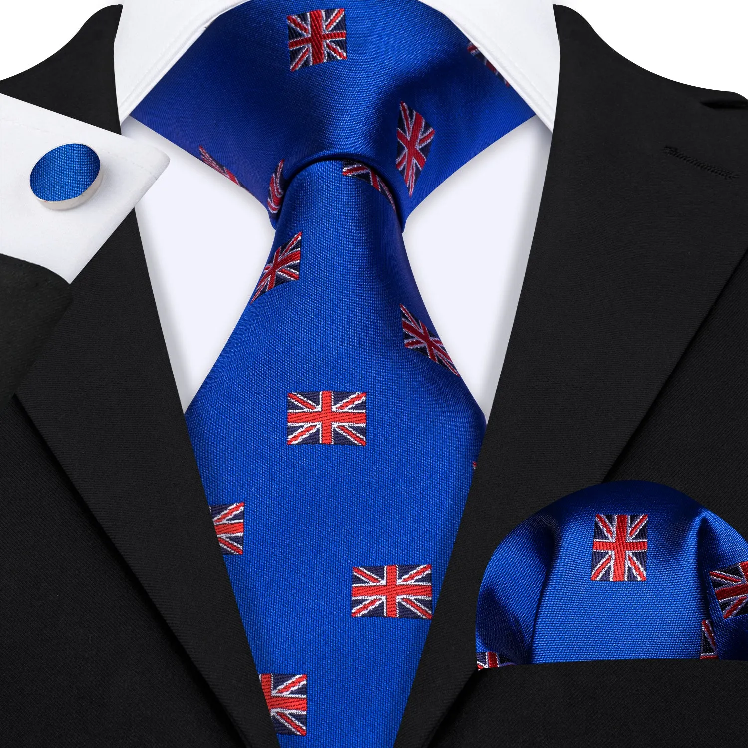 Cobalt Blue England Flag Tie Novelty Men's Necktie Pocket Square Cufflinks Set sold by Ties2You