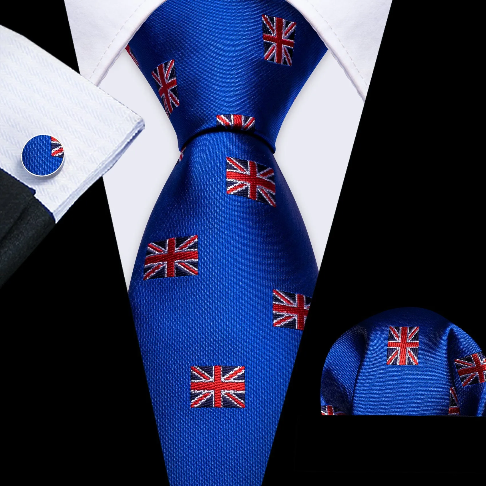 Cobalt Blue England Flag Tie Novelty Men's Necktie Pocket Square Cufflinks Set sold by Ties2You product image thumbnail 2