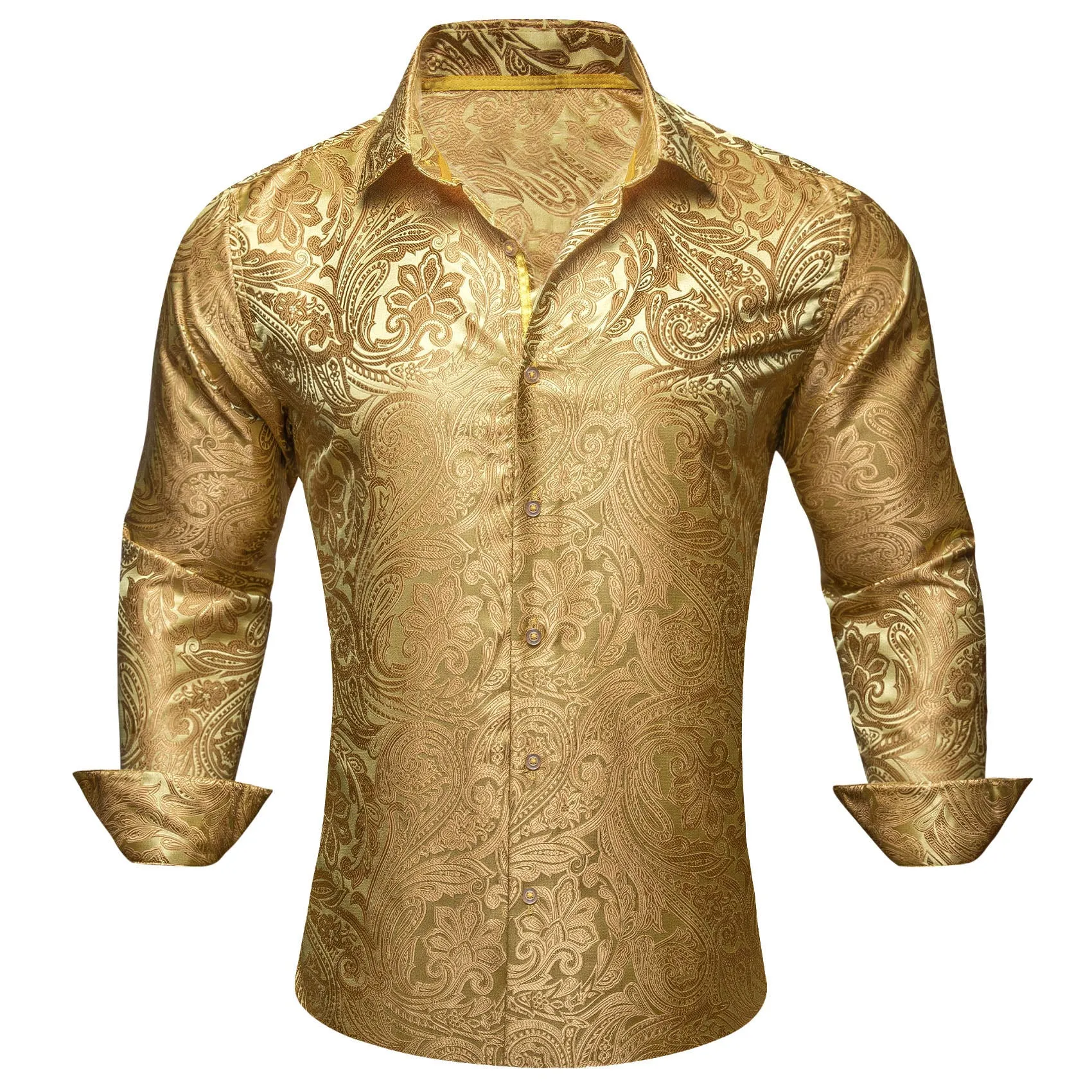 Ties2you Men's Long Sleeve Shirt Granola Yellow Paisley Flower Pattern Silk Shirt sold by Ties2You product image thumbnail 2