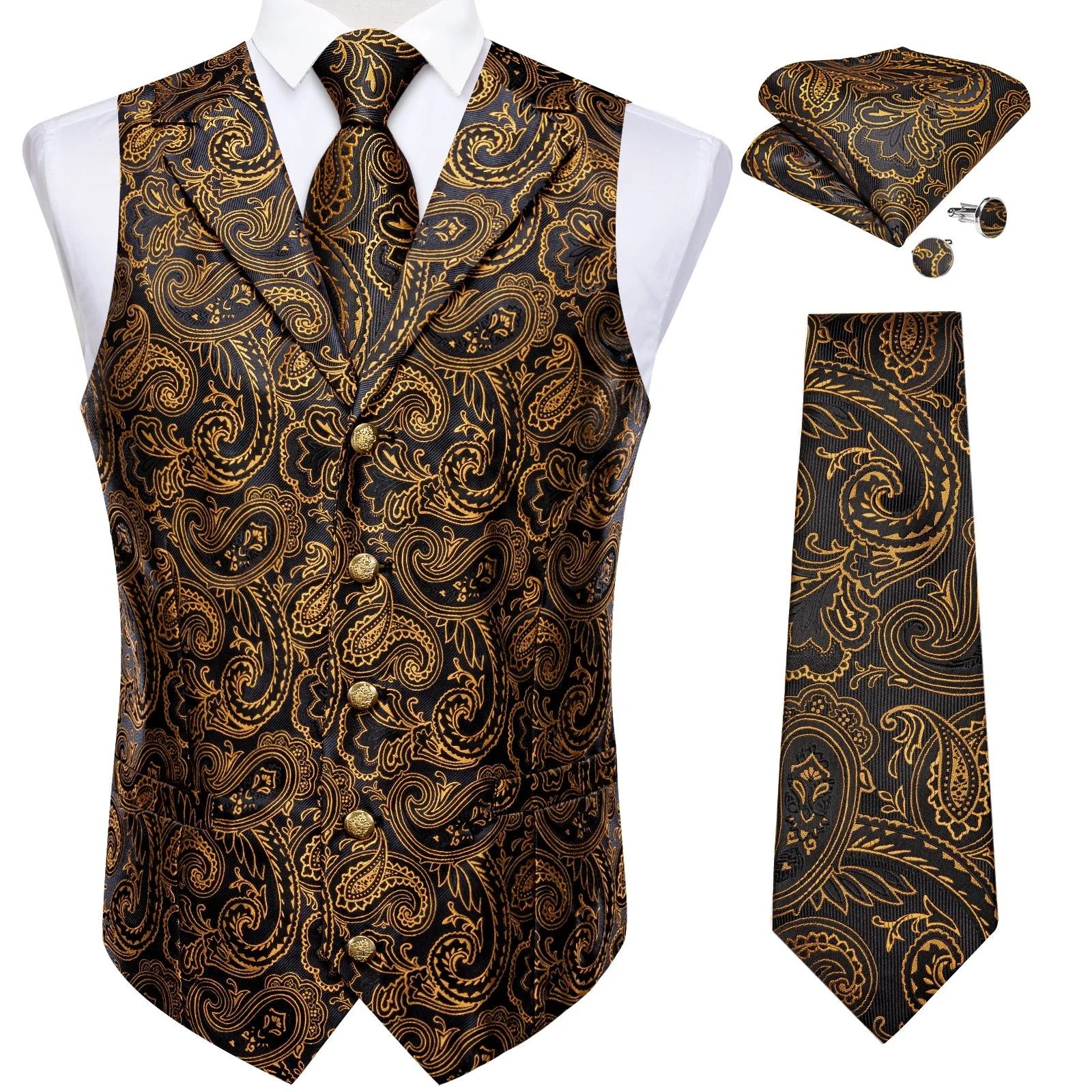 Black Goldenrod Yellow Paisley Men's Collar Vest Tie Hanky Cufflinks Set Waistcoat Suit Set sold by Ties2You product image thumbnail 2