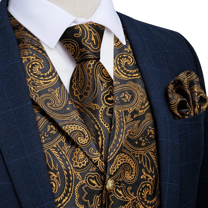 Black Goldenrod Yellow Paisley Men's Collar Vest Tie Hanky Cufflinks Set Waistcoat Suit Set sold by Ties2You