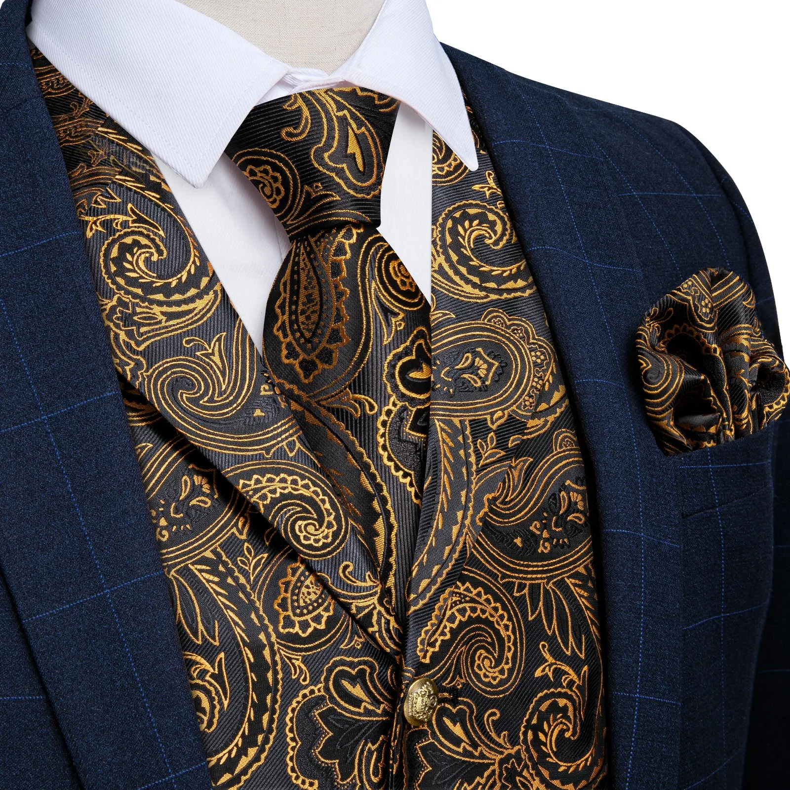 Black Goldenrod Yellow Paisley Men's Collar Vest Tie Hanky Cufflinks Set Waistcoat Suit Set sold by Ties2You