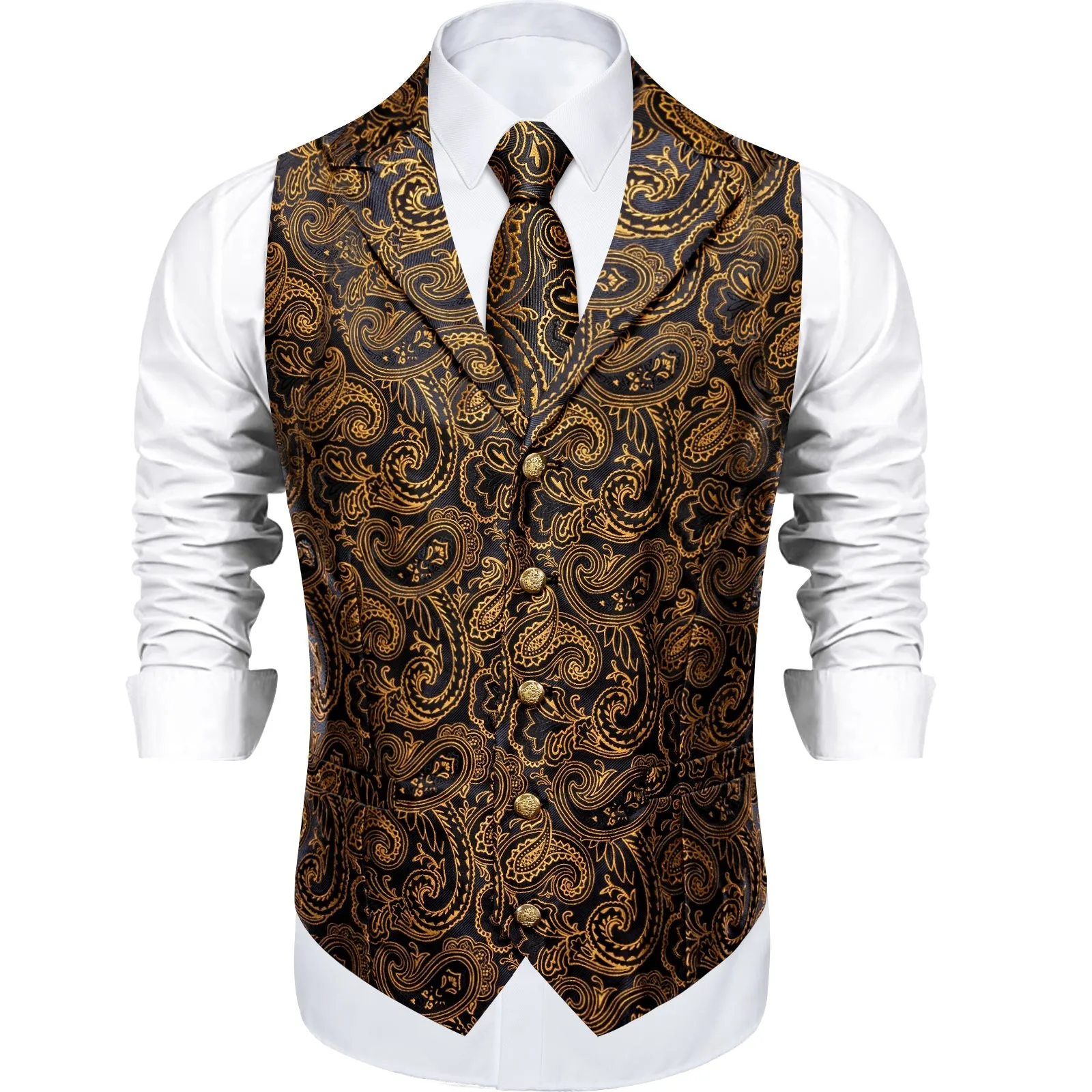 Black Goldenrod Yellow Paisley Men's Collar Vest Tie Hanky Cufflinks Set Waistcoat Suit Set sold by Ties2You product image thumbnail 3